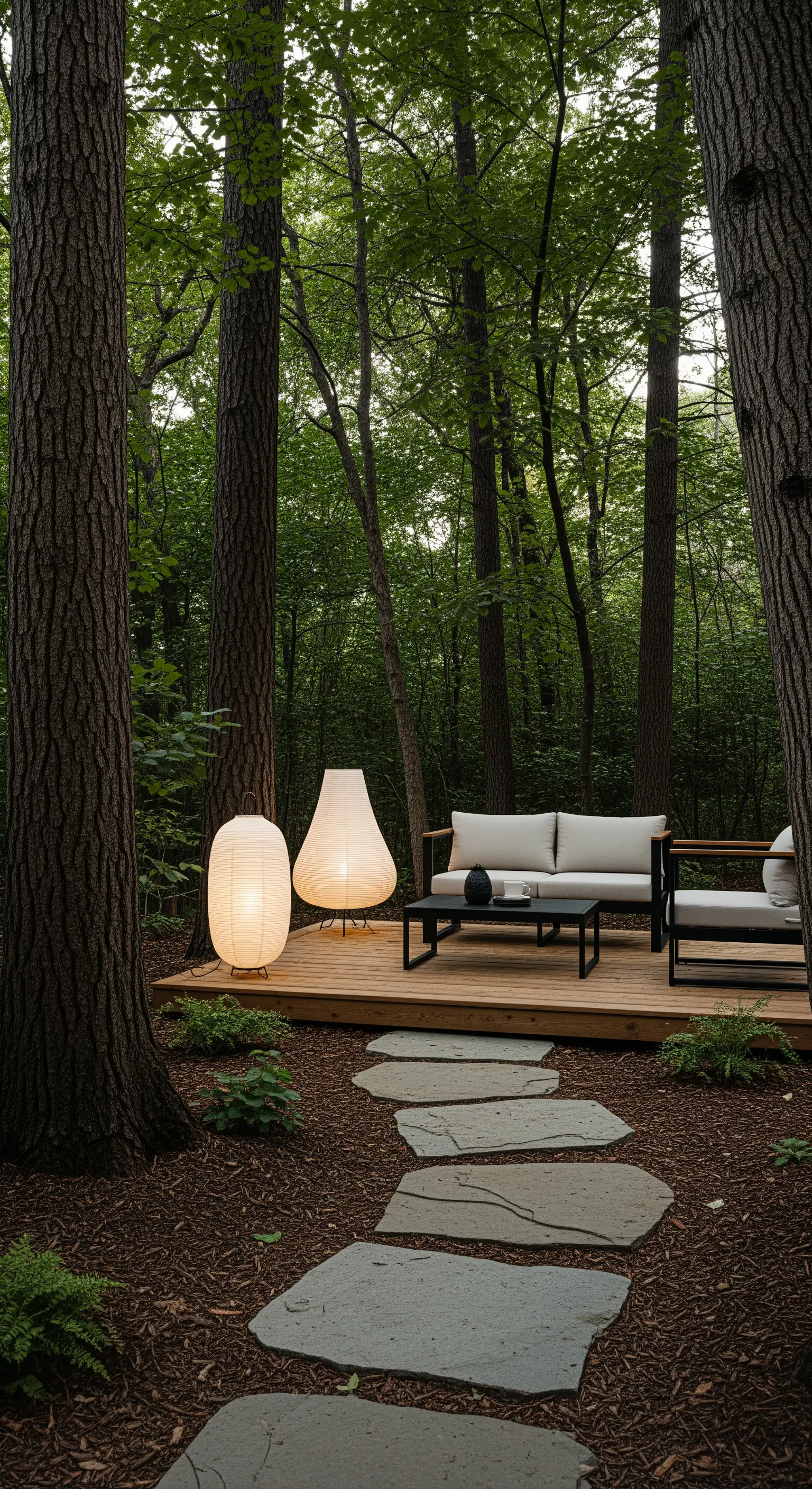 Japandi Waldterrasse mit Papierlaternen und Steinweg