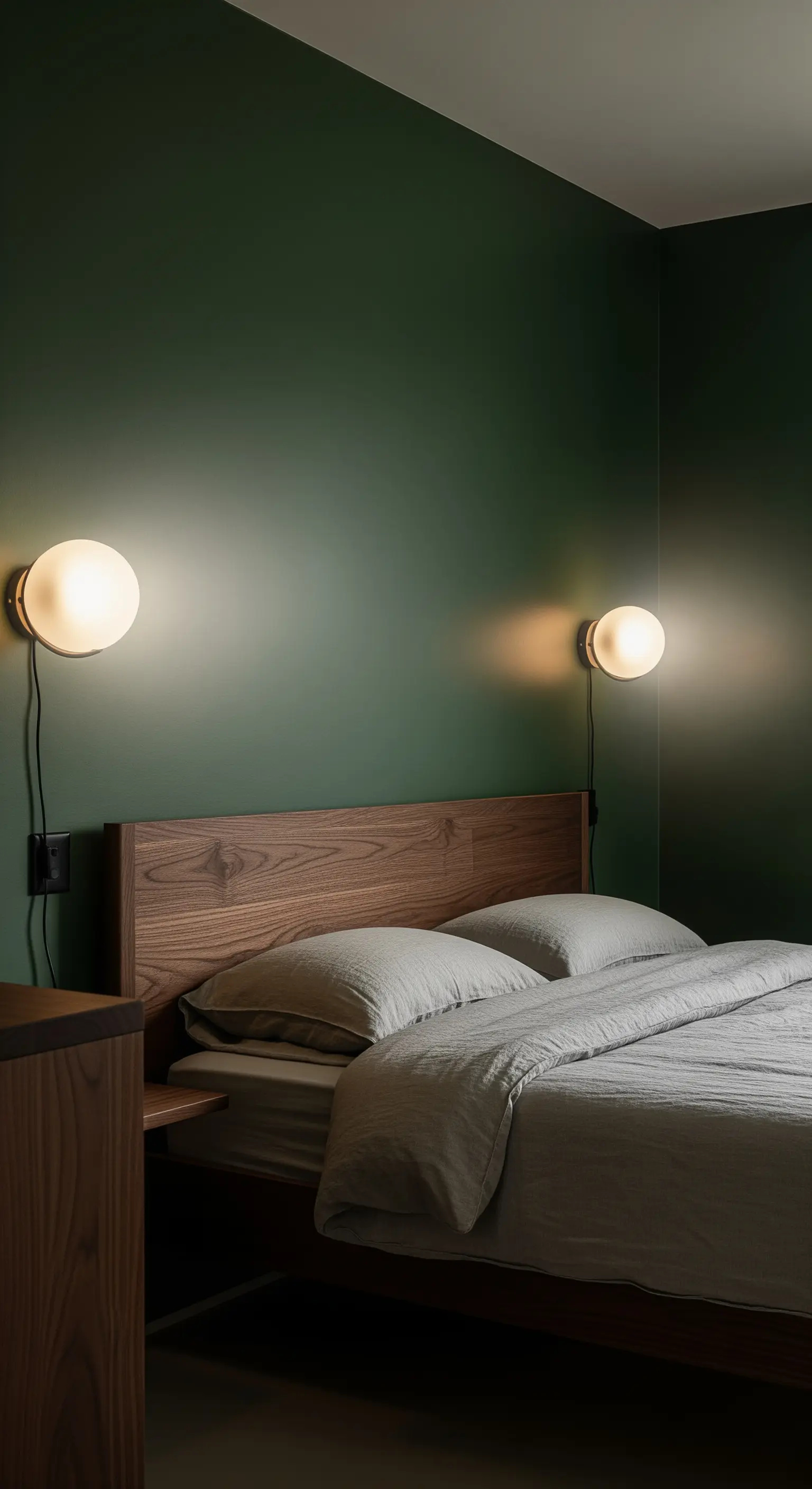 Minimalistisches Holzbett vor einer dunkelgrünen Wand mit runden Wandleuchten.
