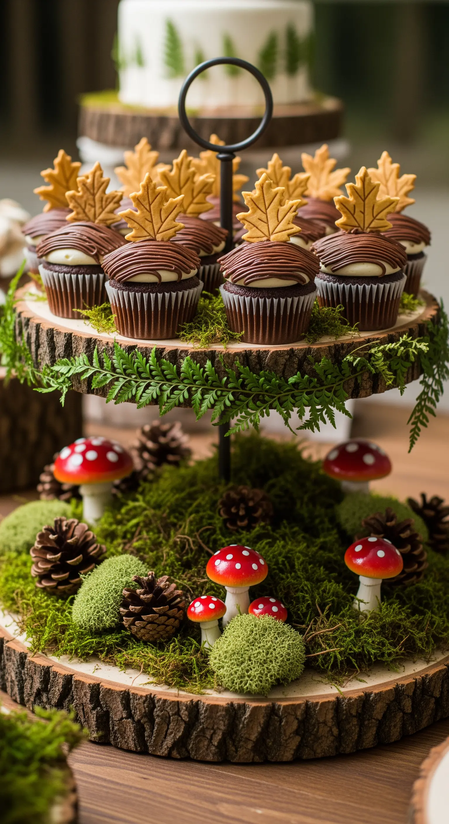 Rustikale Etagere aus Holzscheiben mit Moos, Cupcakes und Fliegenpilzen.