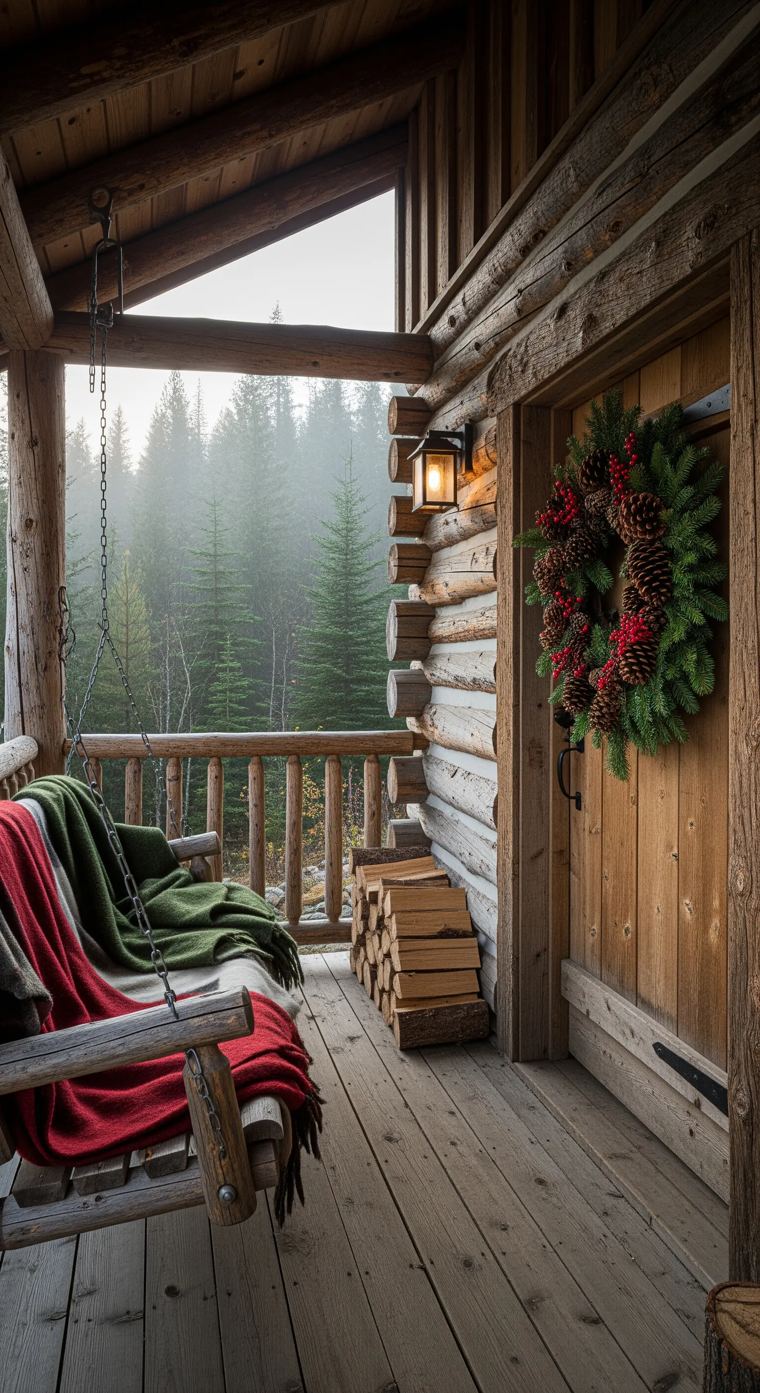 Holzhütte mit Tannenzapfen-Beeren-Kranz, Holzschaukel und Brennholzstapel