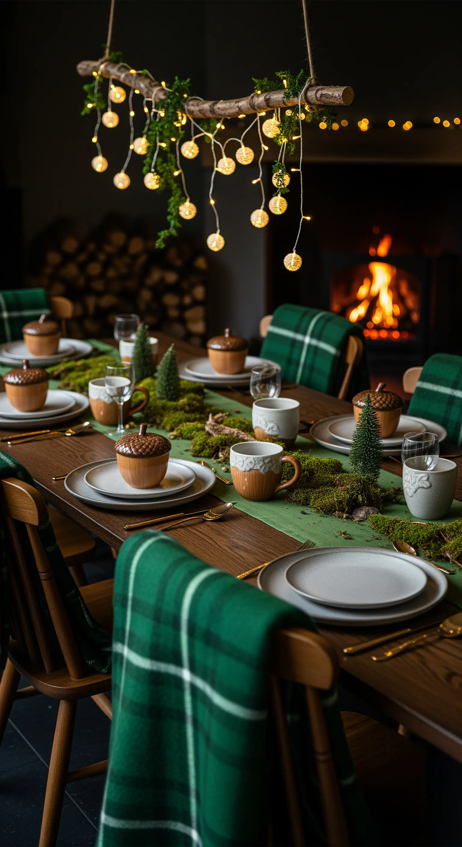 Waldthema-Tafel, grüne Plaids, Moosläufer, Baumzweige mit Lichterketten, Eichel-Keramik.