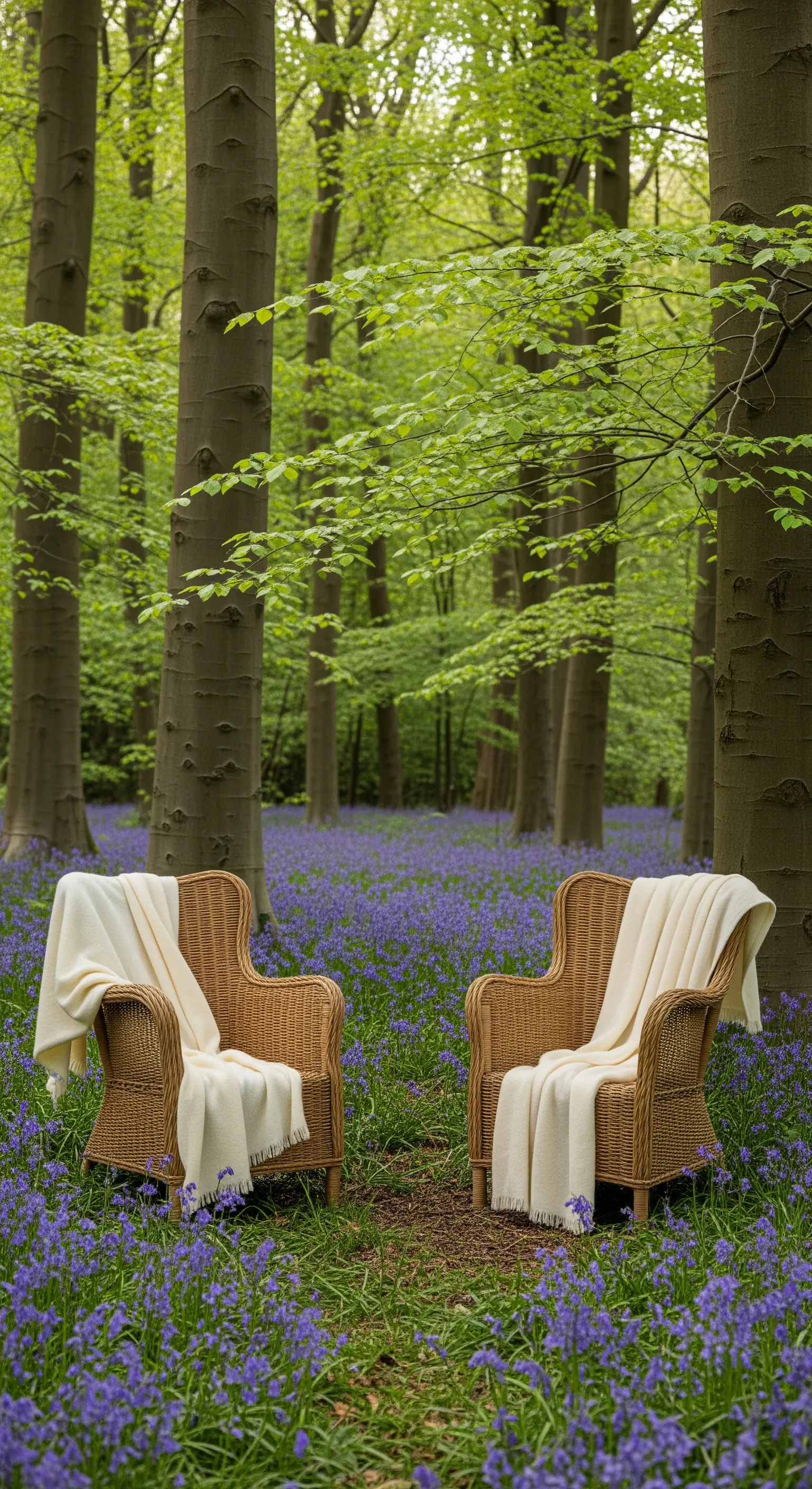 Zwei Korbsessel mit cremefarbenen Decken in einem Wald mit blauen Glockenblumen