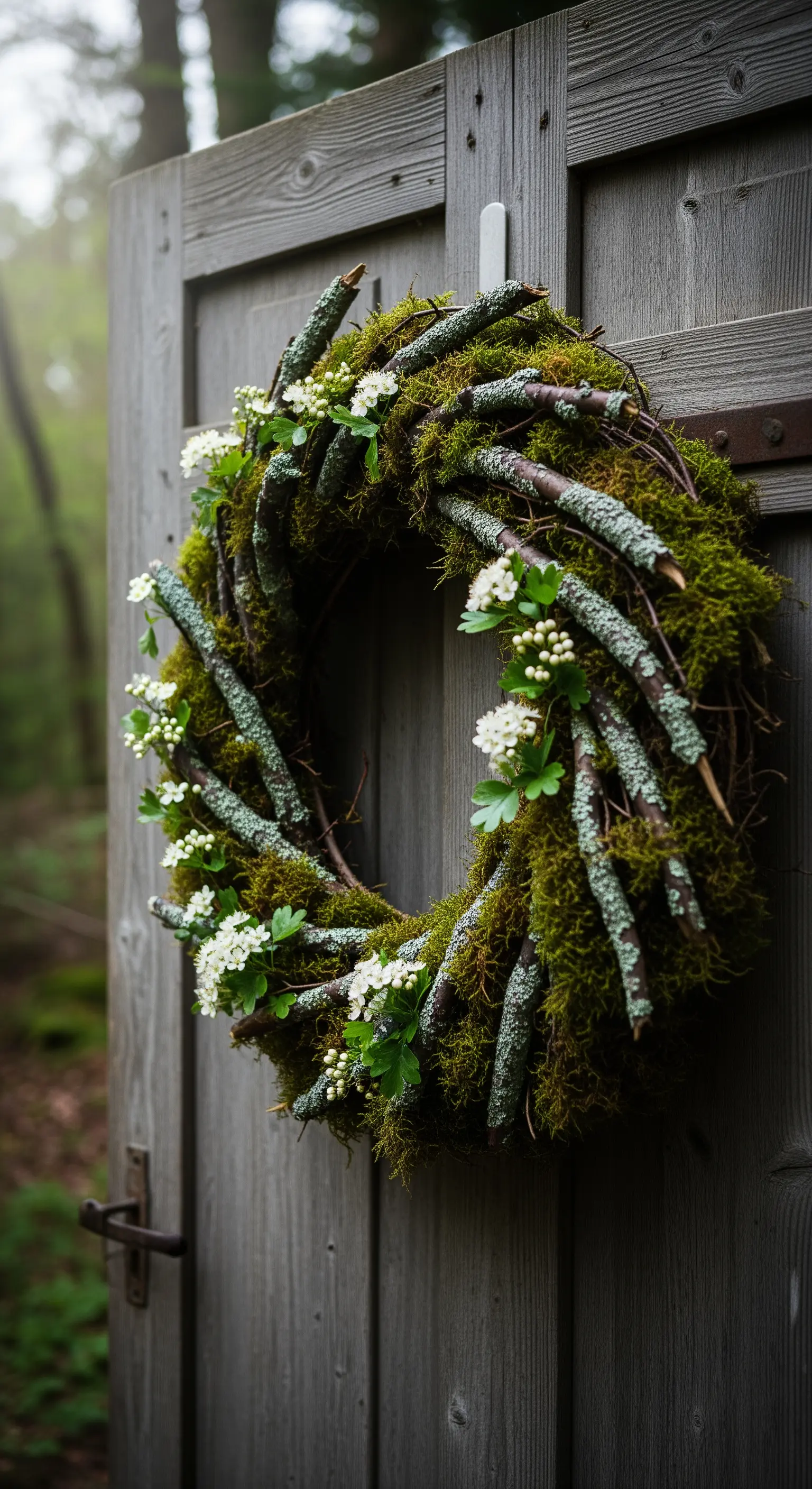 Moos-Zweigkranz mit weißen Blüten an einer rustikalen Holztür
