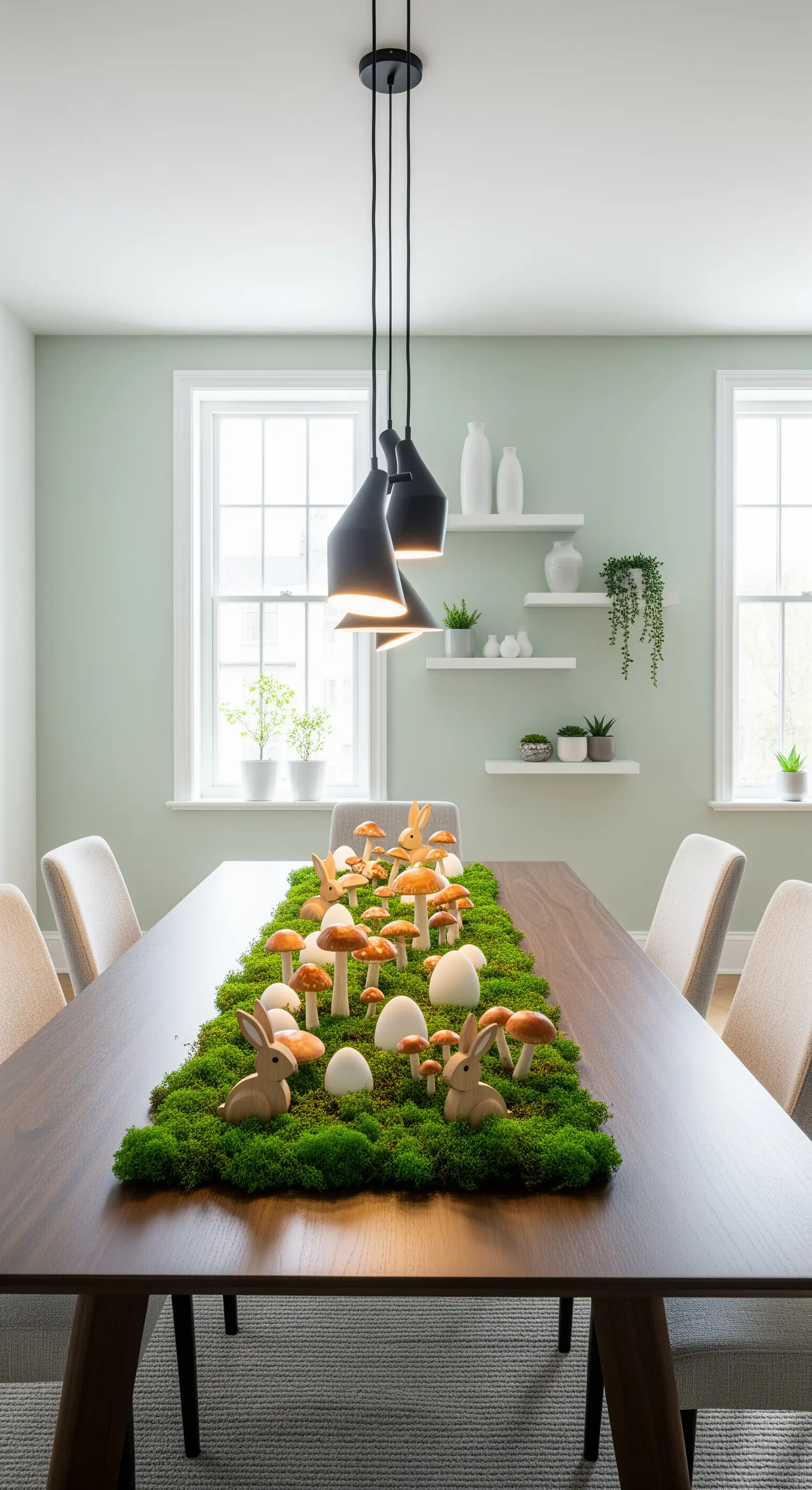 Ostertisch mit Moos, Pilzen, Eiern und Holzhasen