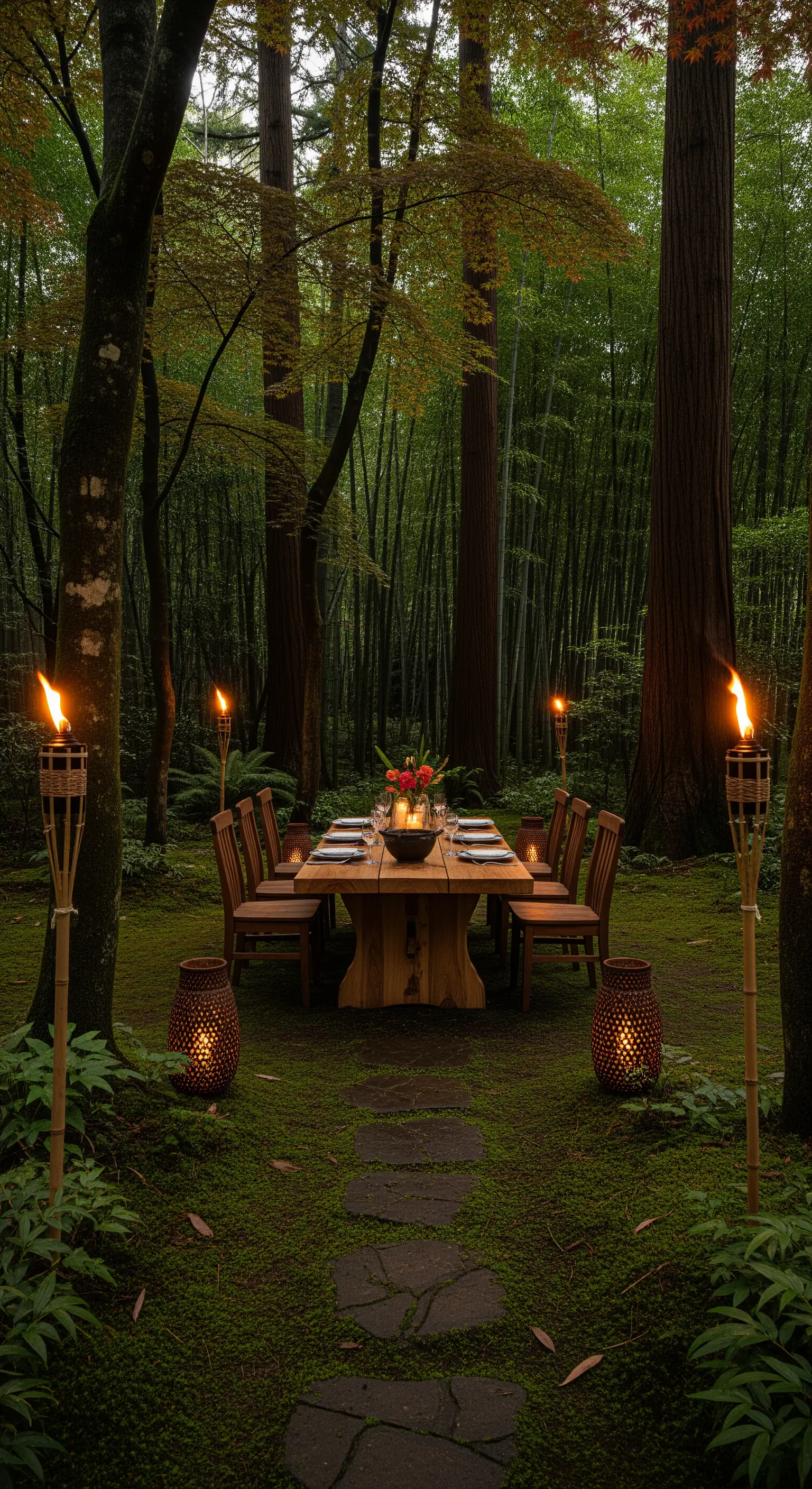 Esstisch im Wald mit Fackeln, Laternen und Moosteppich