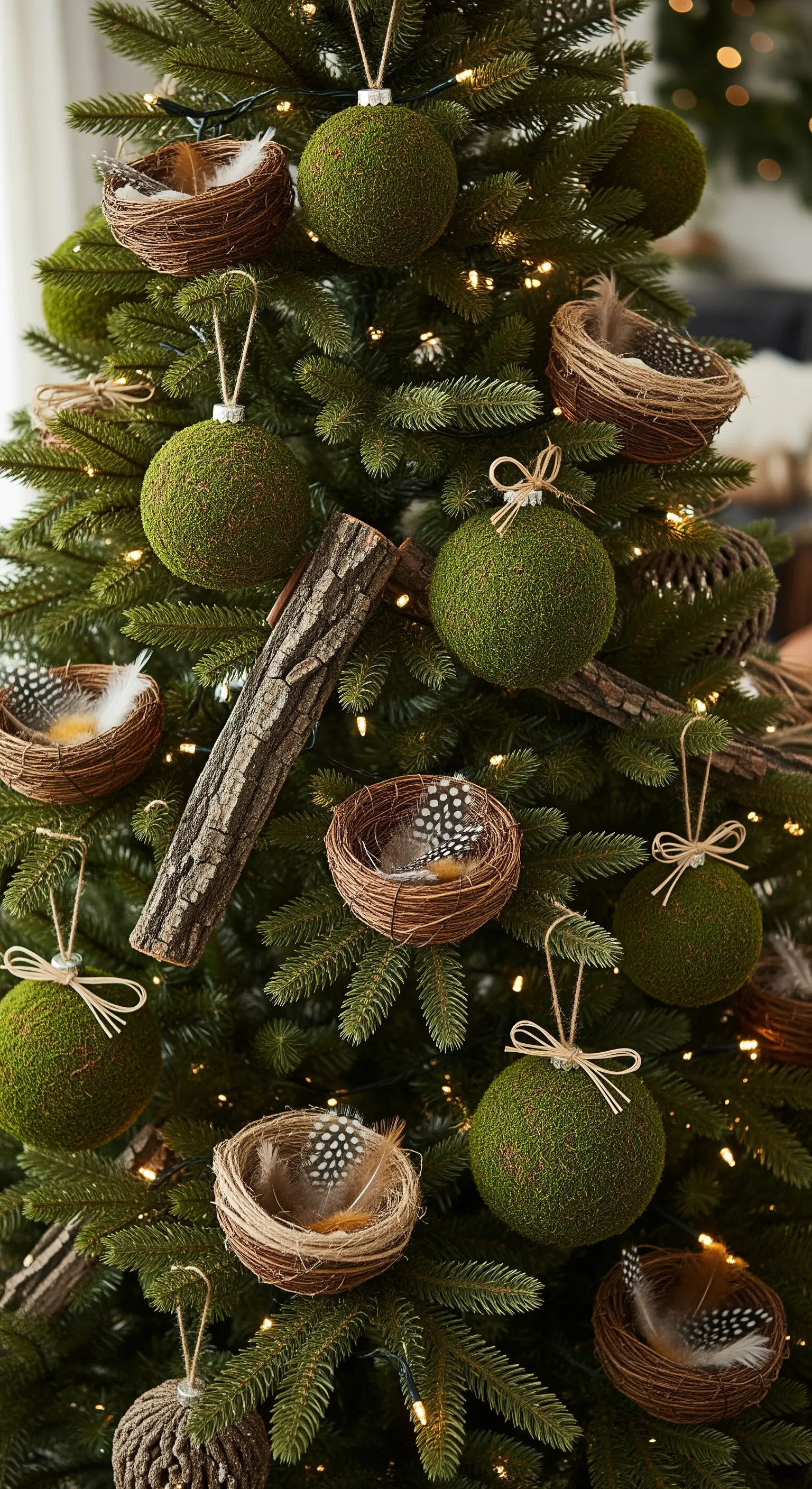 Weihnachtsbaum mit Mooskugeln, Vogelnest-Ornamenten mit Federn und Rindenstücken.