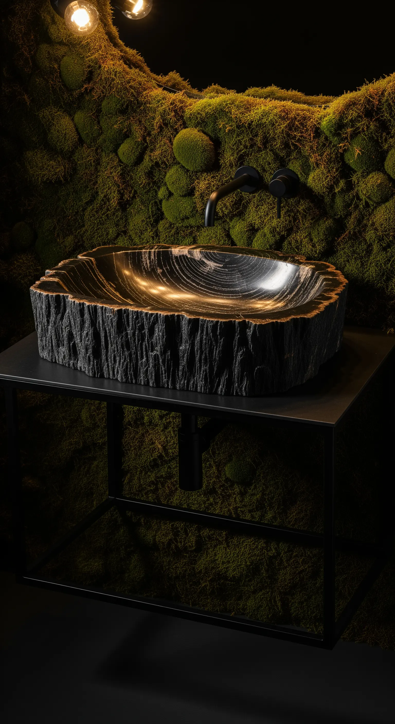 Mooswand, Waschbecken in Baumstammoptik, schwarzer Metallwaschtisch