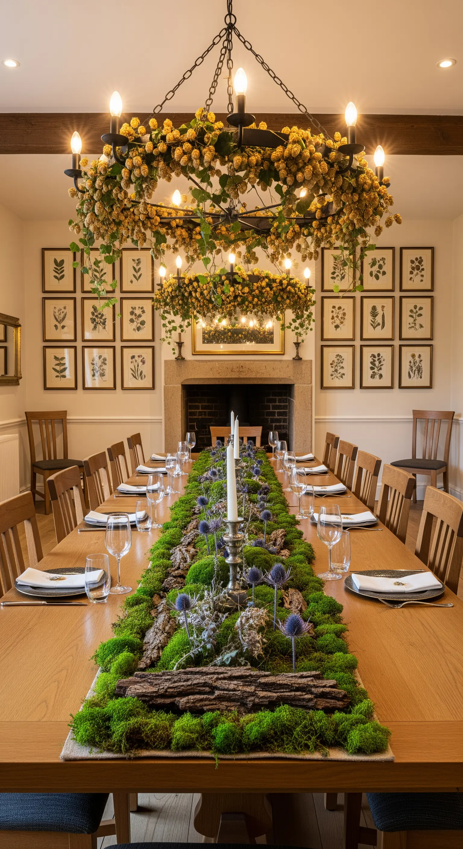 Moos-Tischläufer, Hopfen-Kronleuchter, Disteln auf langer Tafel für wald-inspirierte Herbst-Deko.