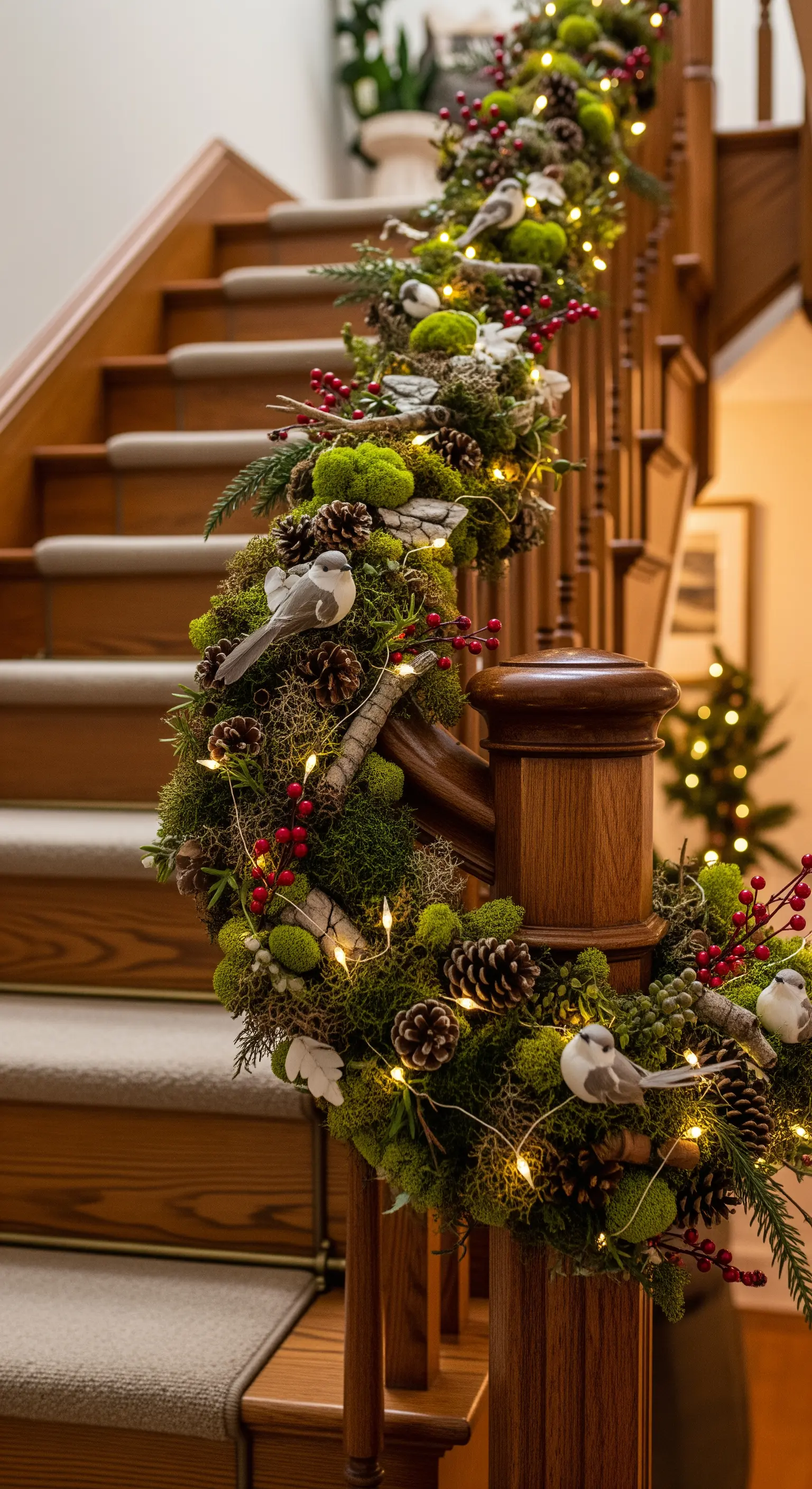 Wald-Girlande mit Moos, Tannenzapfen, Beeren und kleinen Vögeln auf Holztreppe.