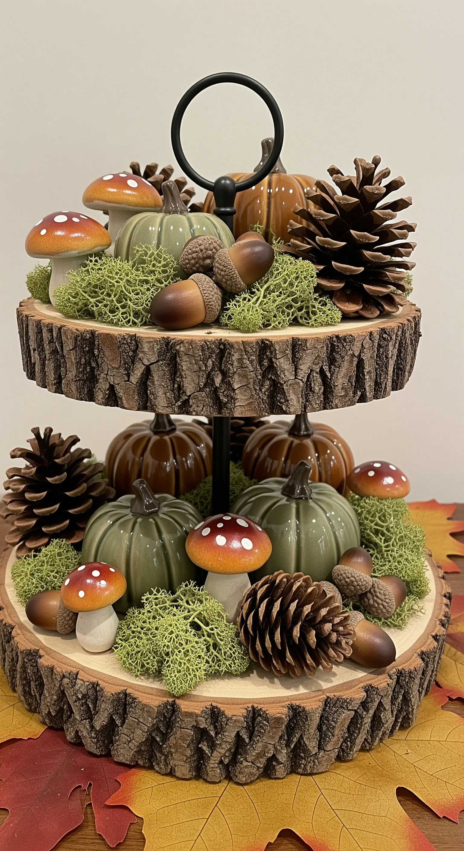Herbstliche Etagere aus Holzscheiben mit Moos, Pilzen und Kürbissen.