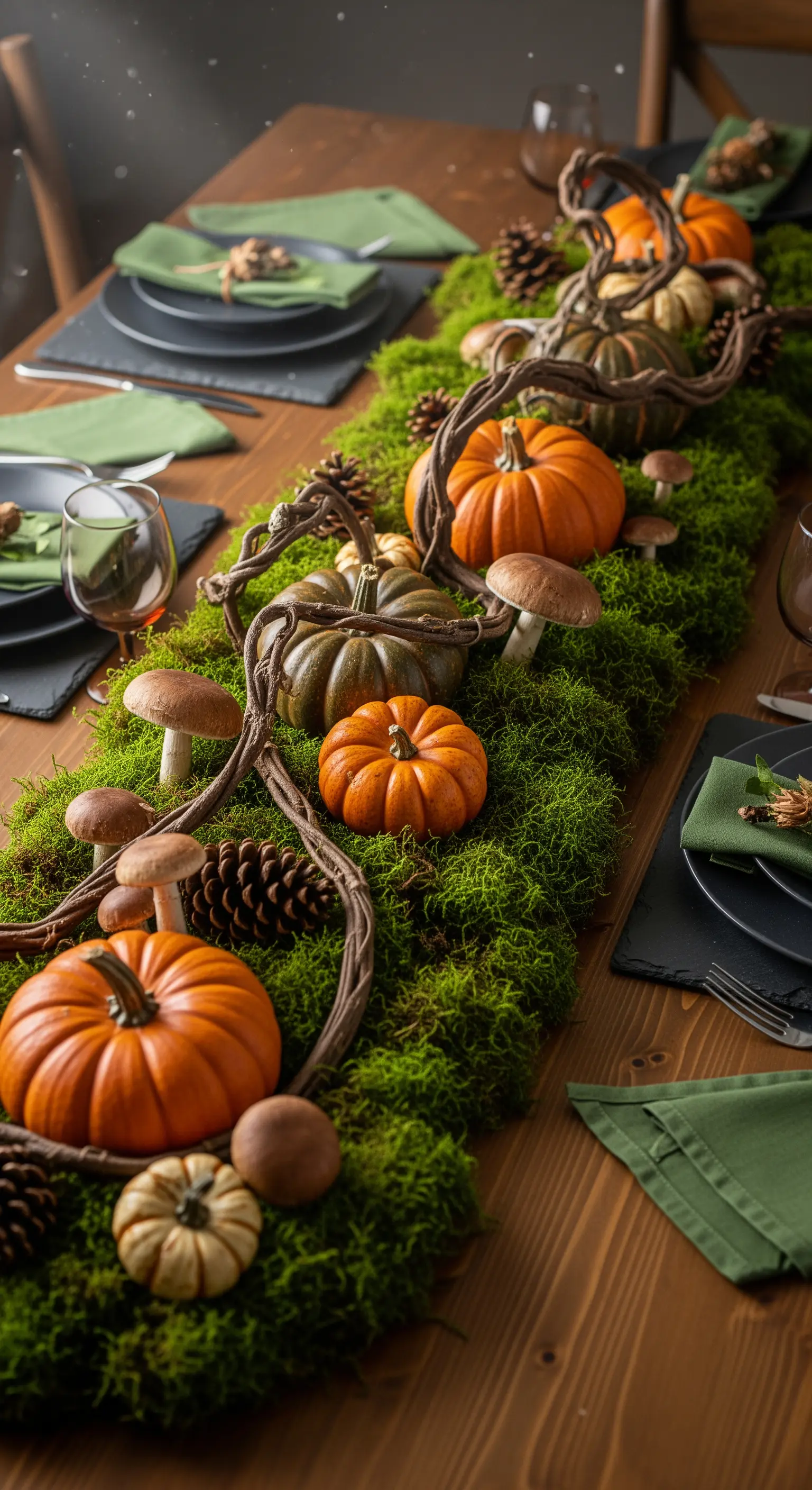 Natürliches Tisch-Centerpiece mit Kürbissen auf einem Bett aus Moos und Pilzen.