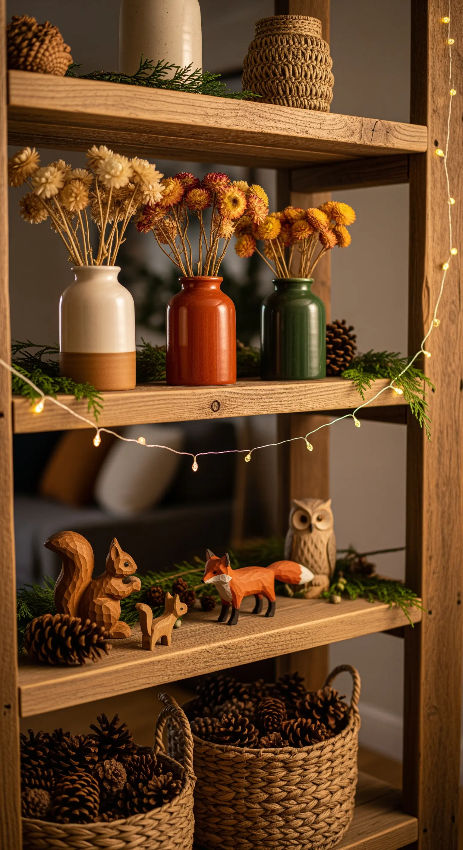 Holzregal mit Holzfiguren, Tannenzapfen, Trockenblumen in Vasen und Lichterkette