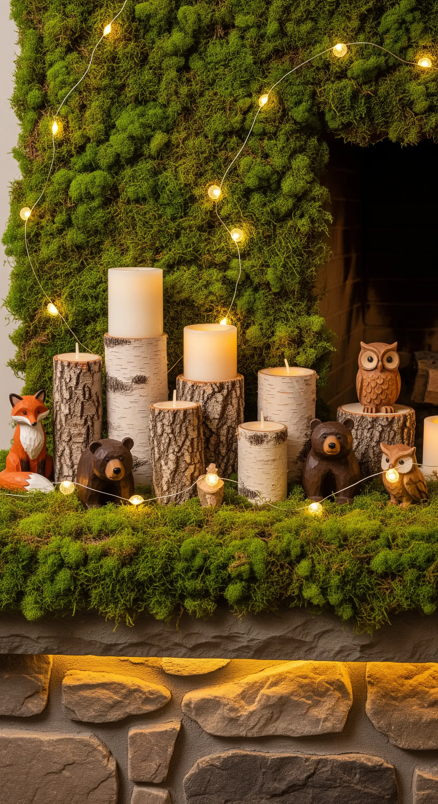 Kaminsims-Deko mit Moos, Holzkerzen, Tierfiguren und Lichterkette