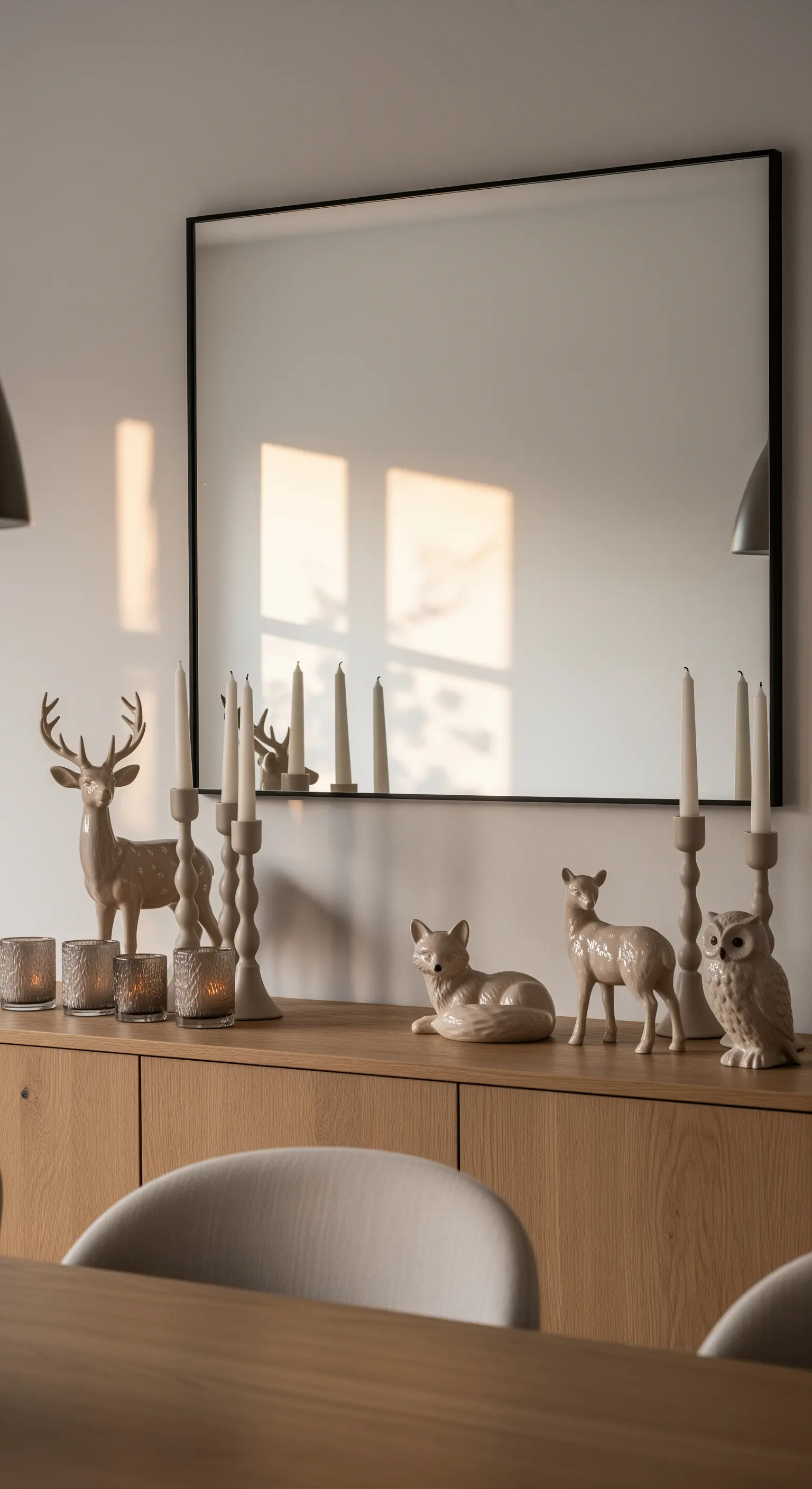 Sideboard mit Keramik-Waldtieren, Kerzen und Spiegel