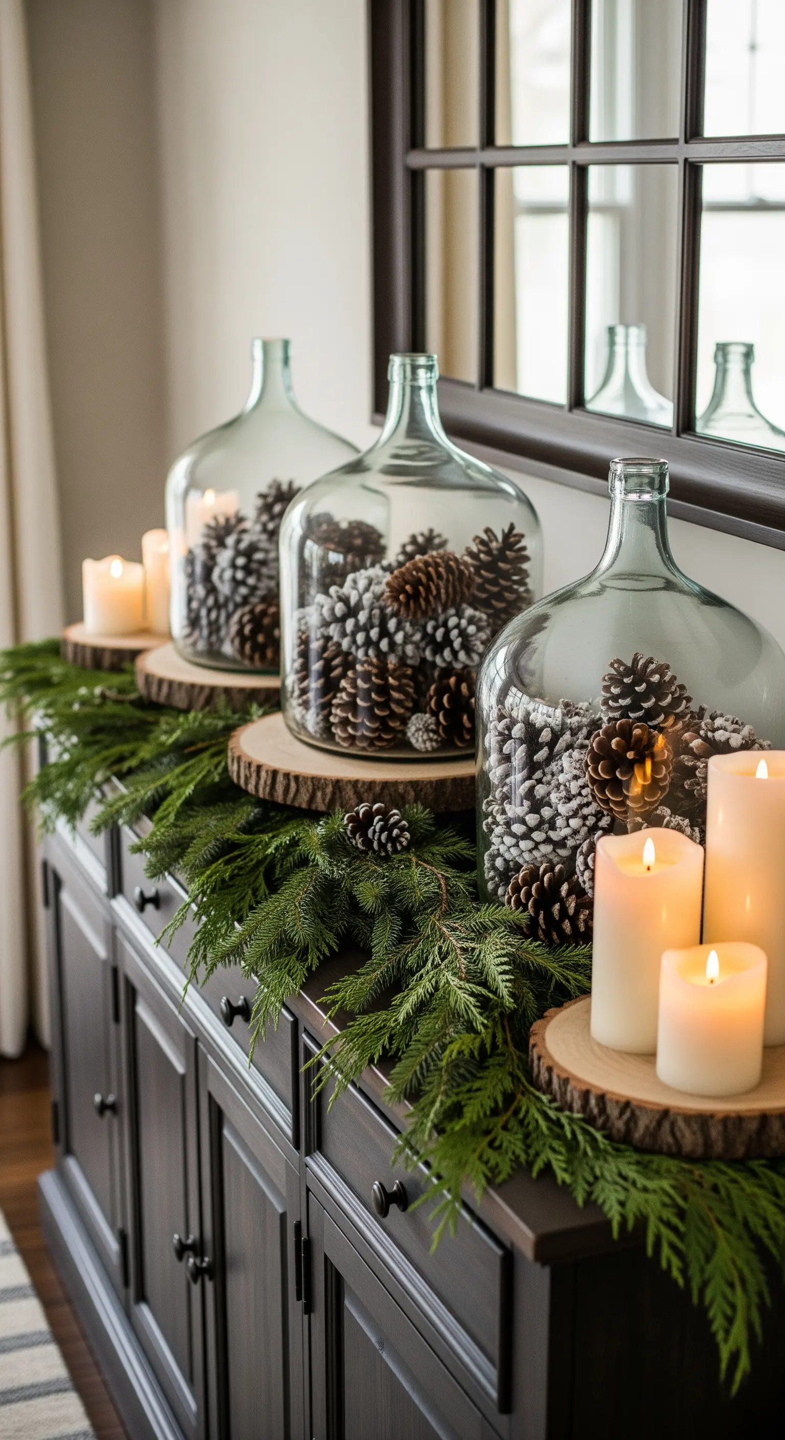 Rustikale Weihnachtsdeko mit Tannenzapfen in Glasvasen und Tannengrün.