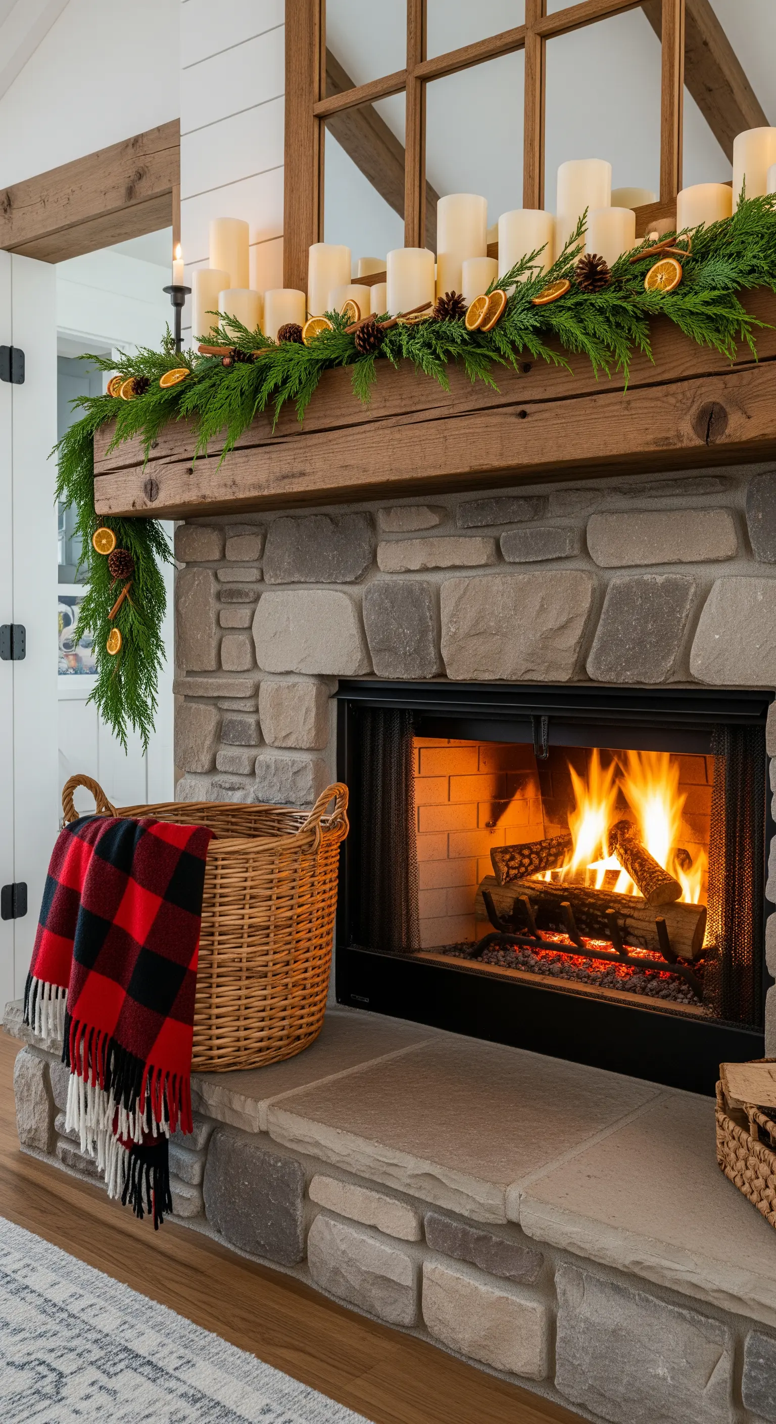 Rustikale Kaminumrandung mit Tannengrün, Kerzen und getrockneten Orangen.