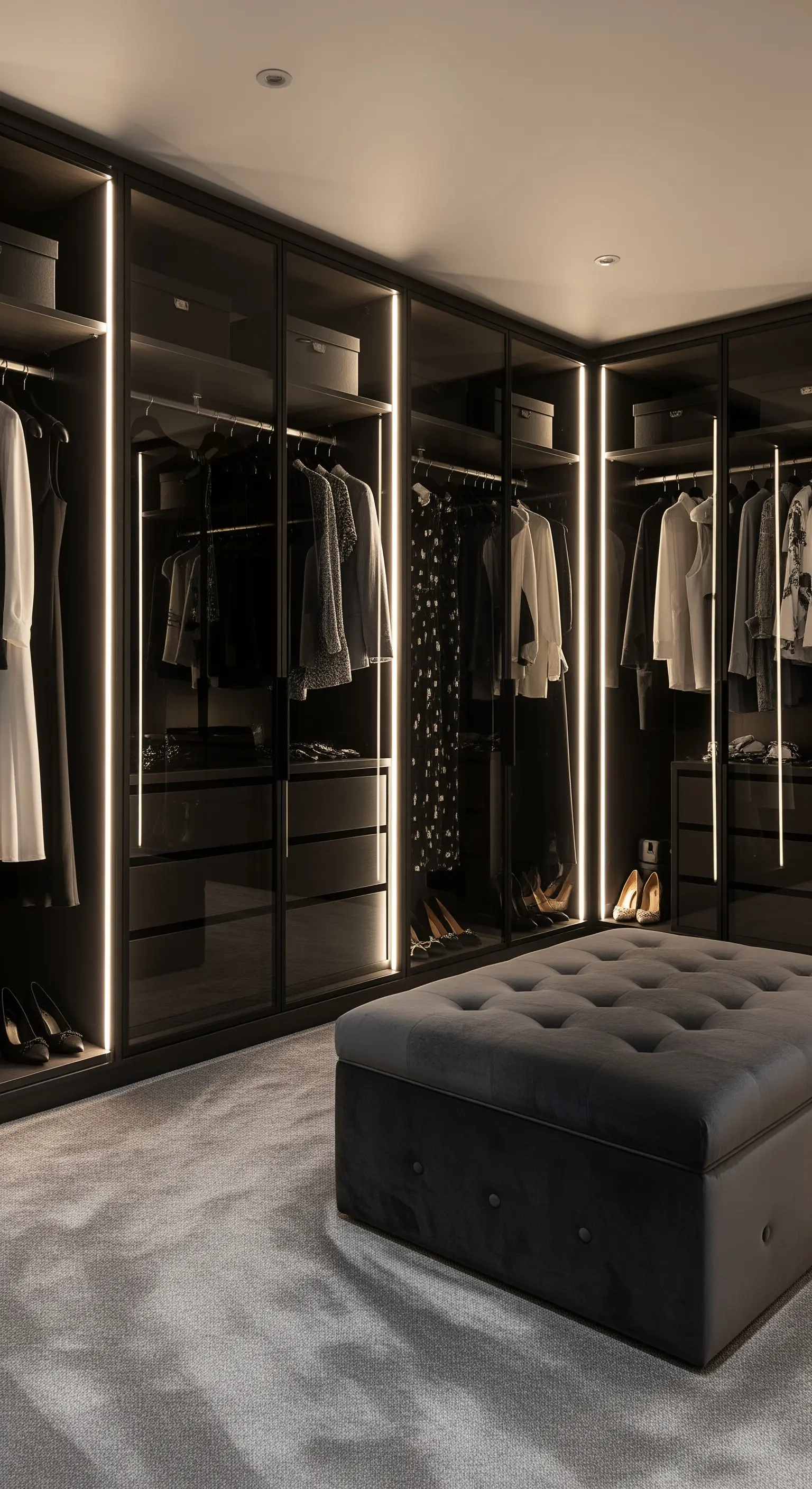 Begehbarer Kleiderschrank mit dunklen Schränken, LED-Beleuchtung und Ottoman
