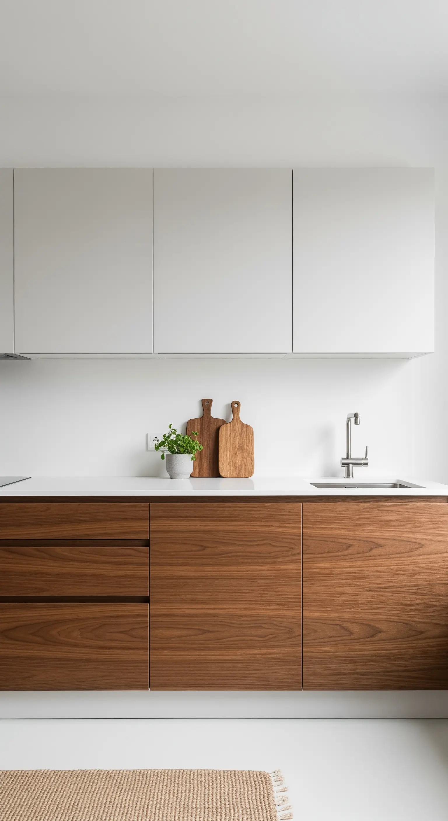 Zweifarbige Küche mit Unterschränken aus Walnussholz und weißen Oberschränken