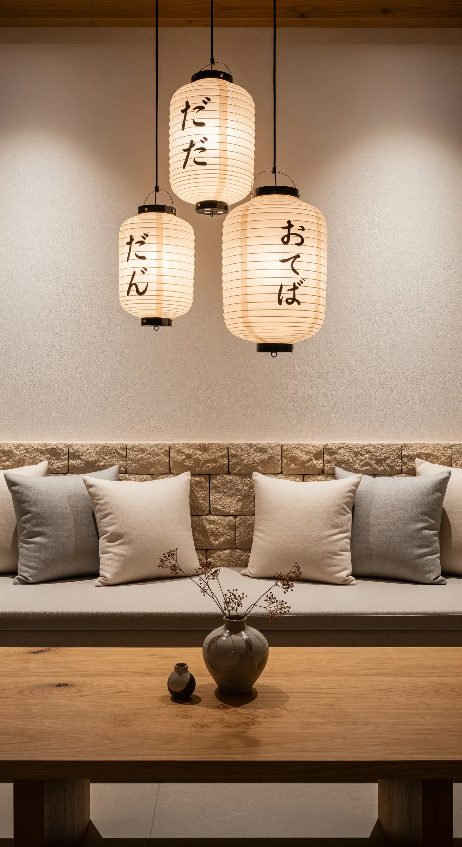 Japandi Wandbank, japanische Laternen, Steinmauer, Kissen