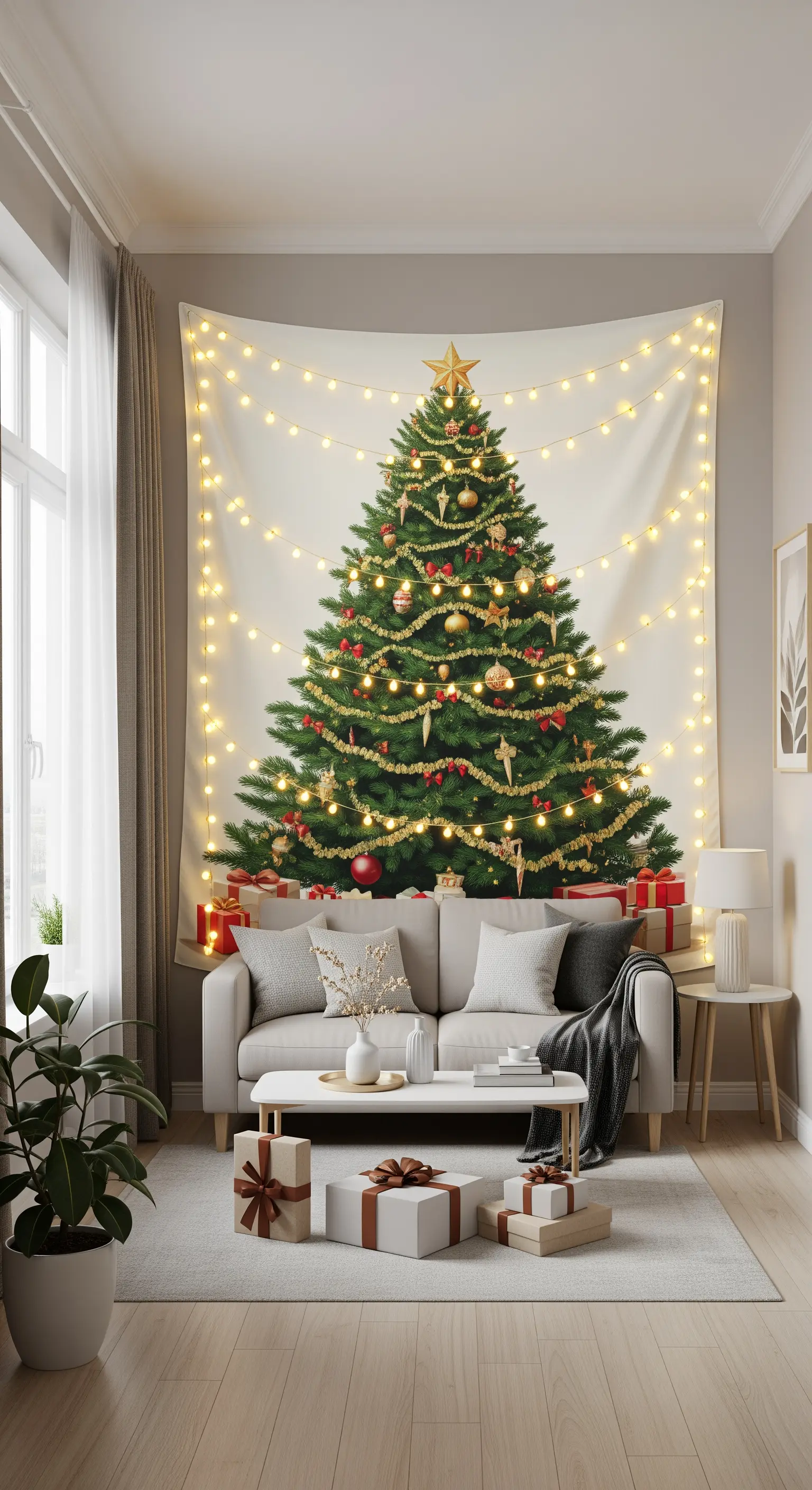 Wandteppich mit Weihnachtsbaum-Motiv, umrahmt von Lichterketten, davor Geschenke.