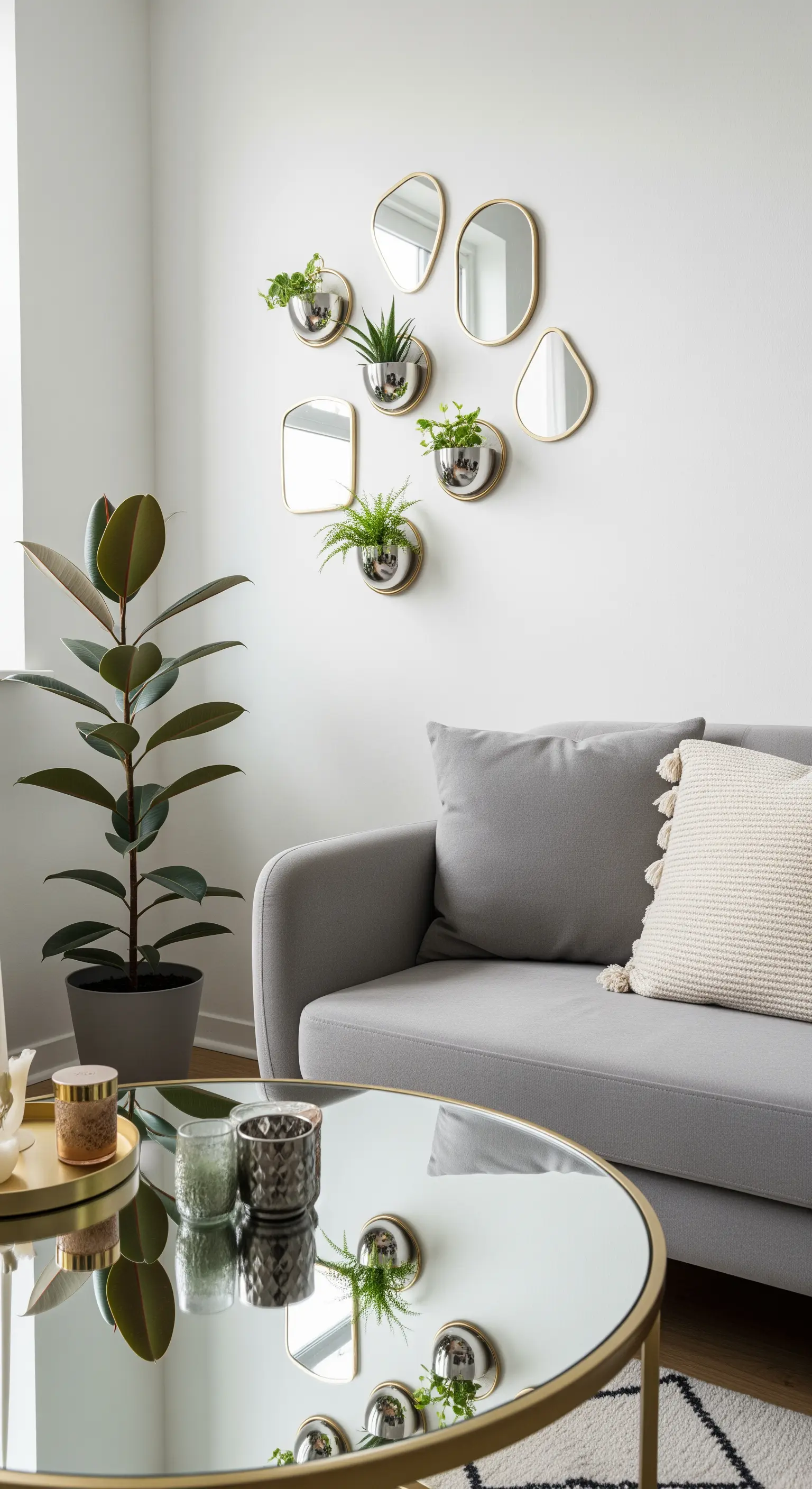 Eine Gruppe von kleinen, organisch geformten Spiegeln und passenden Wand-Pflanzgefäßen.