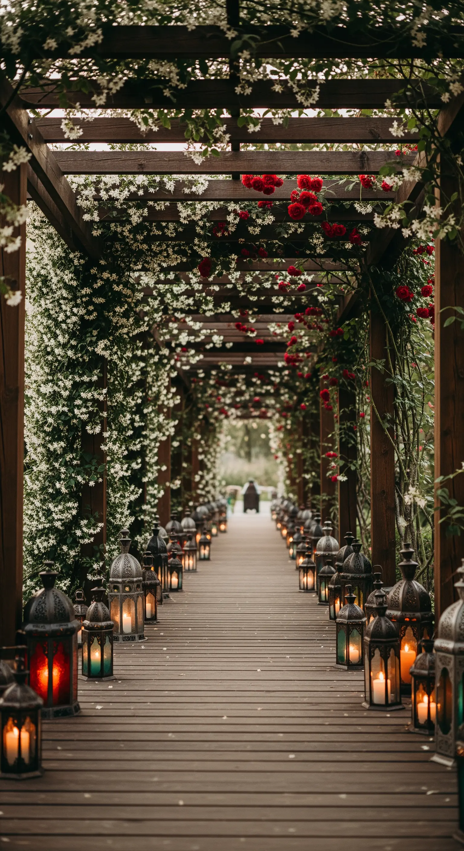 Pergola-Gang mit Jasmin und Rosen, beleuchtet von orientalischen Laternen