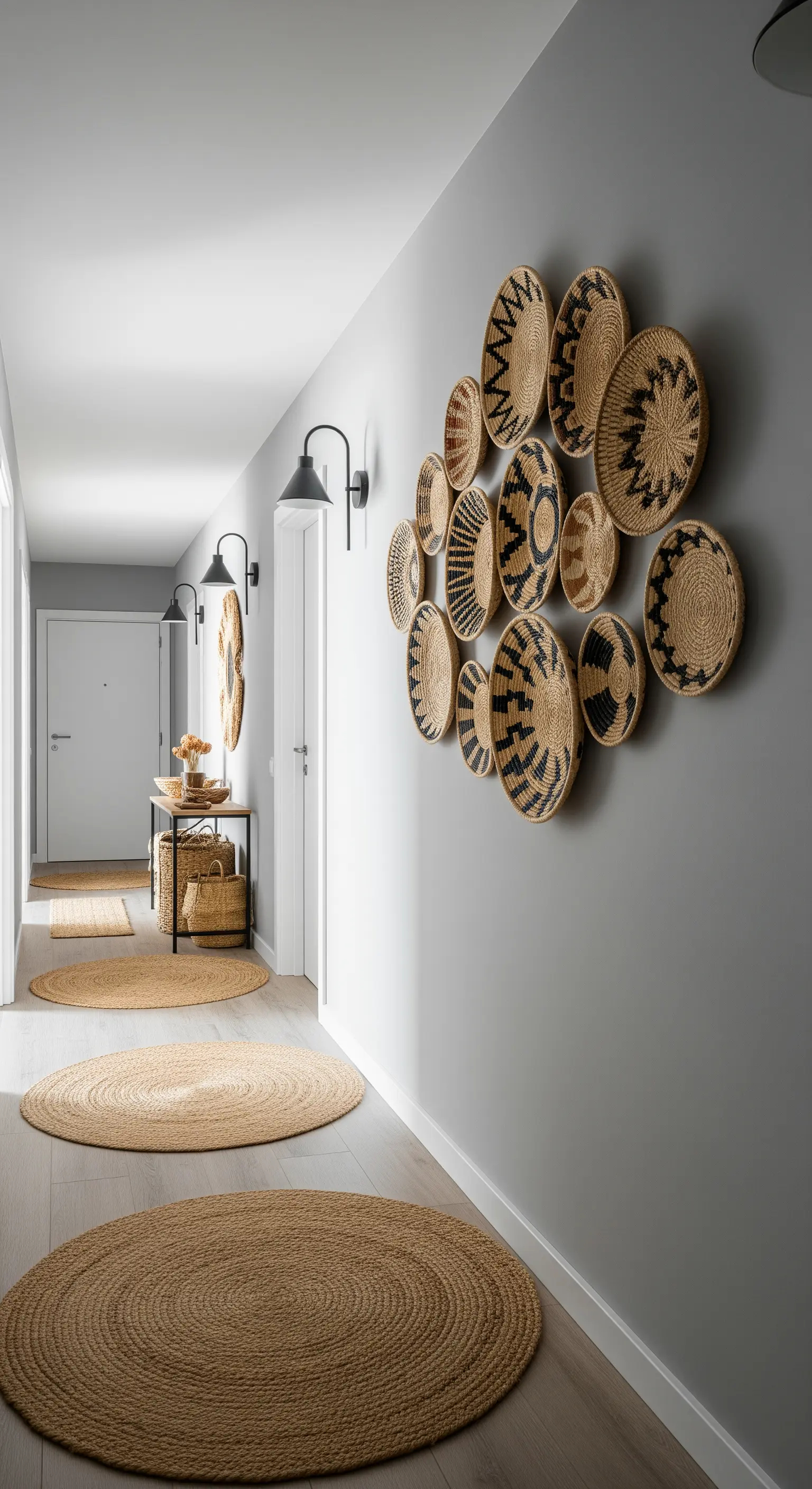 Eine Sammlung von geflochtenen Körben und Tellern als Wanddekoration in einem langen Flur.