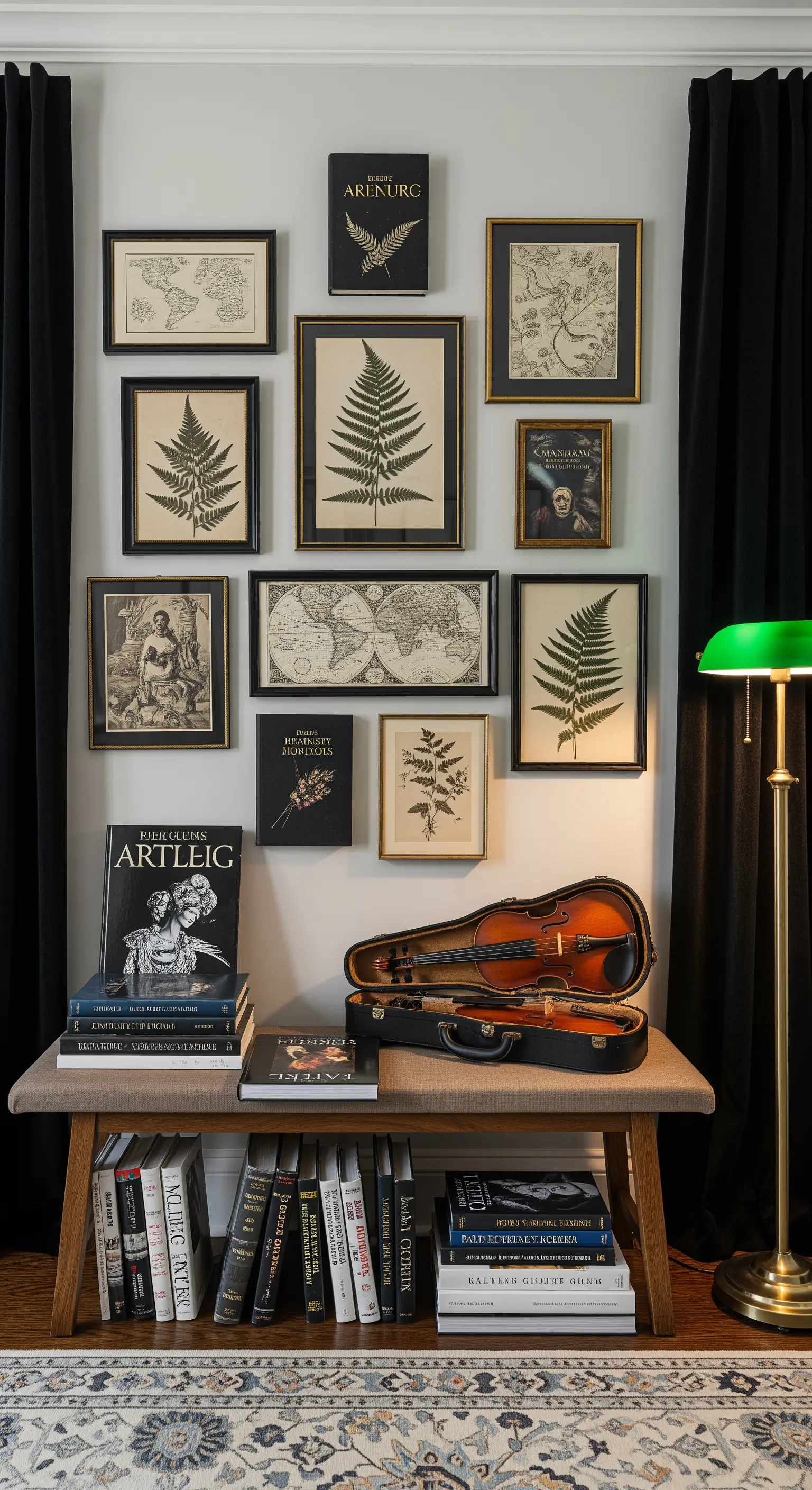 Wandgalerie, Botanik, Karten, Viola, Bücher, Bankerlampe, Dark Academia.