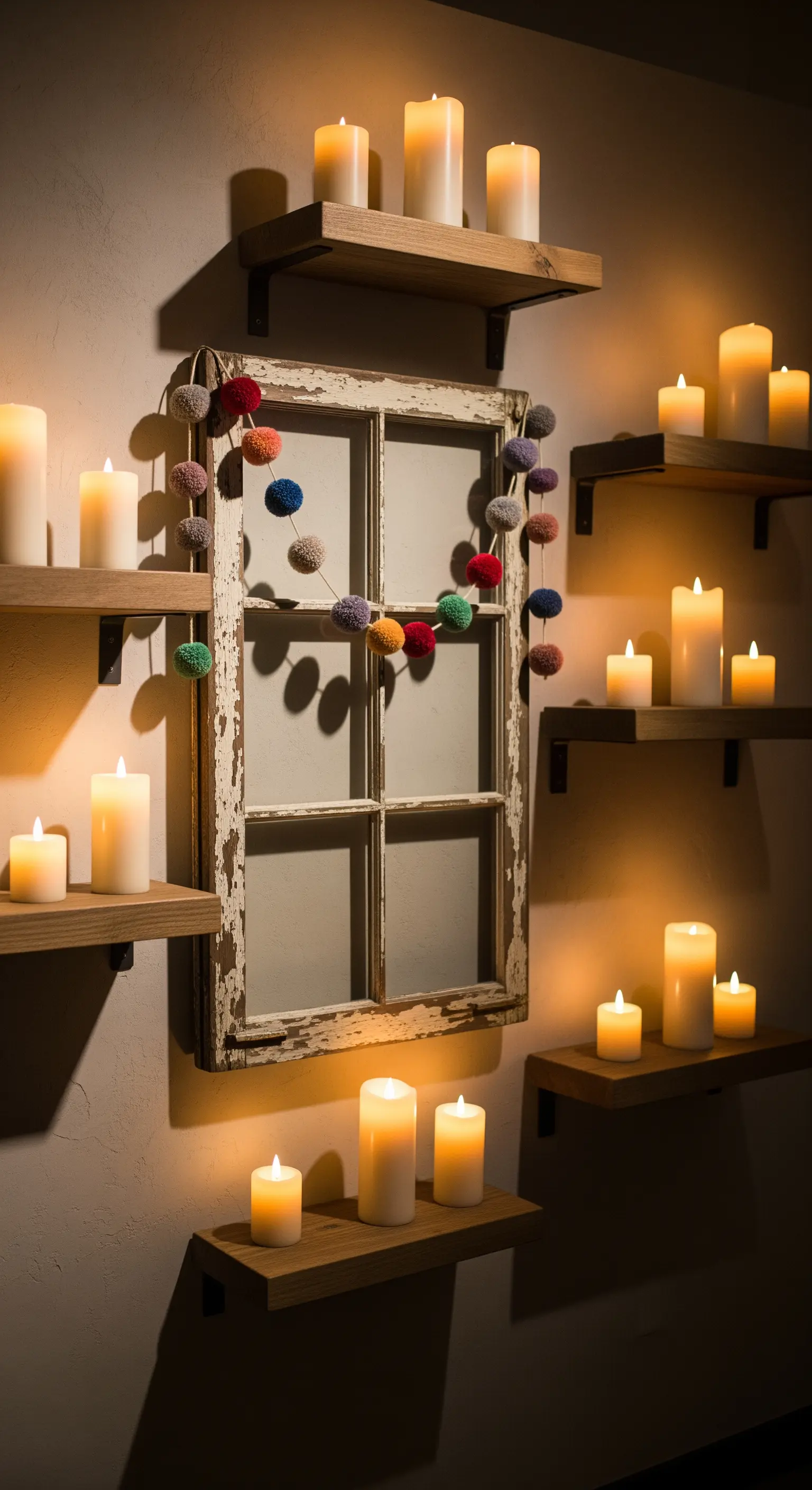 Regalwand, Kerzen, altes Fenster, Pompon-Girlande
