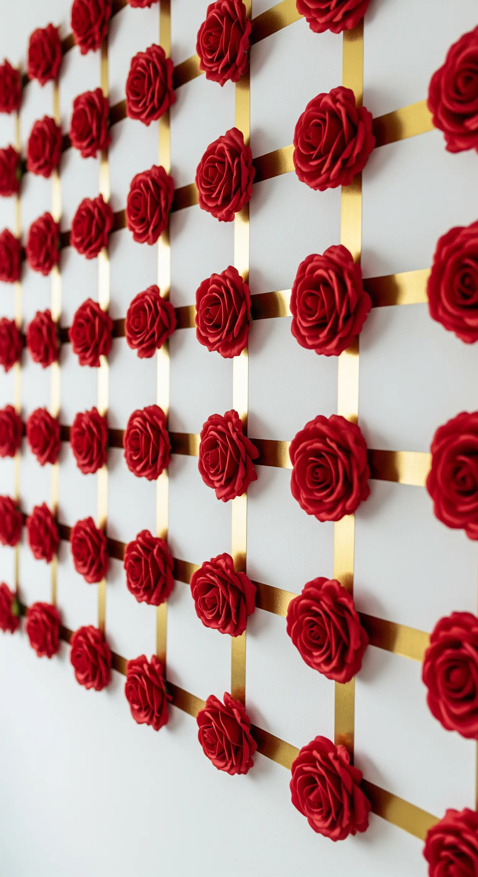 Weiße Wand mit Gittermuster aus goldenen Bändern, verziert mit roten Stoffrosen an jedem Kreuzungspunkt.