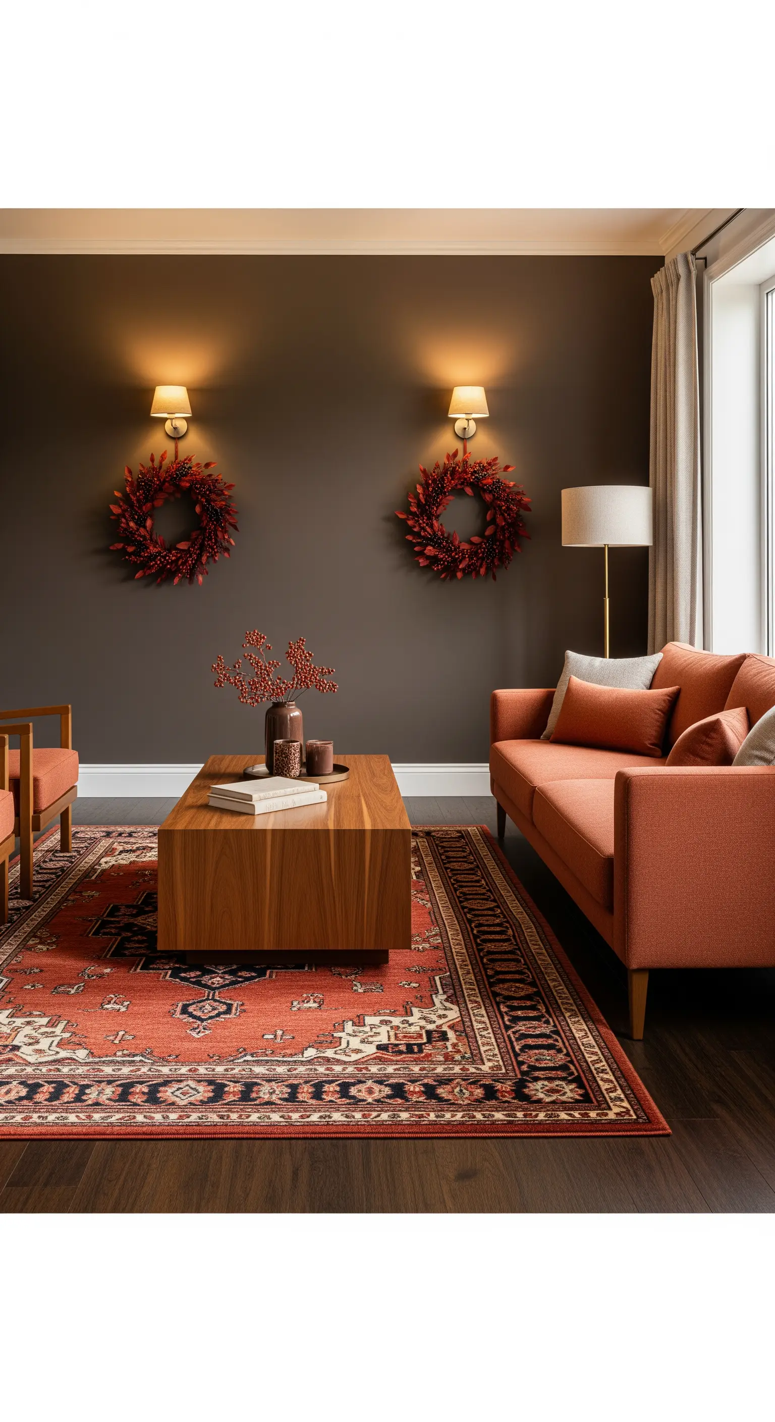 Wohnzimmer mit zwei Rostrot-Wandkränzen, Sofa und Holztisch