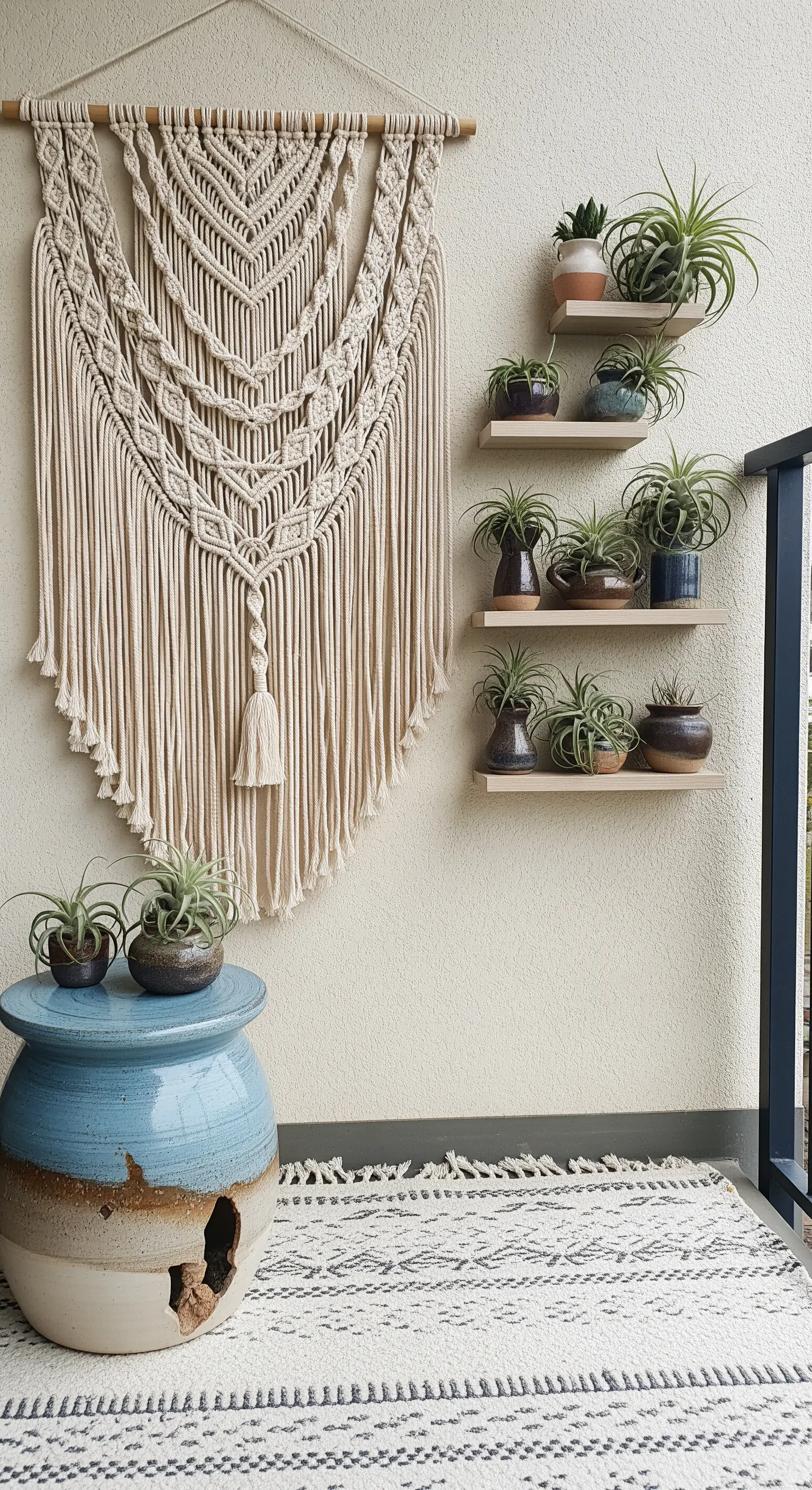 Wandgestaltung mit einem großen Makramee-Wandbehang und Luftpflanzen auf kleinen Regalen.