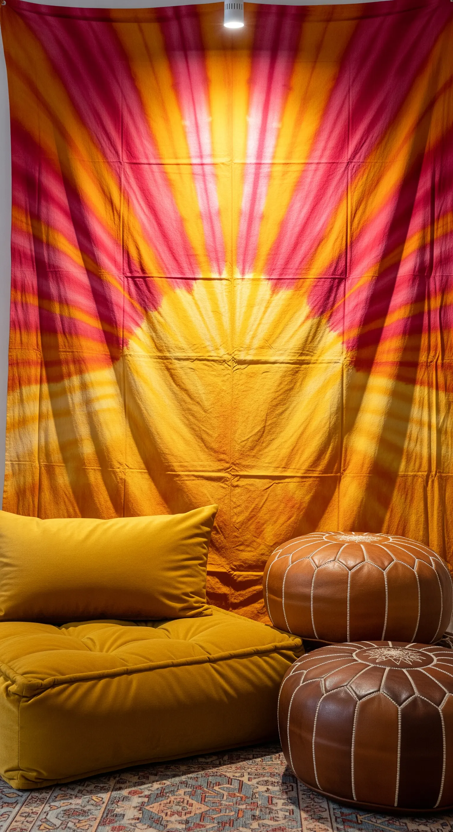 Ein großes Batiktuch in Sonnenuntergangsfarben wird von oben angestrahlt und wirkt dadurch leuchtend.