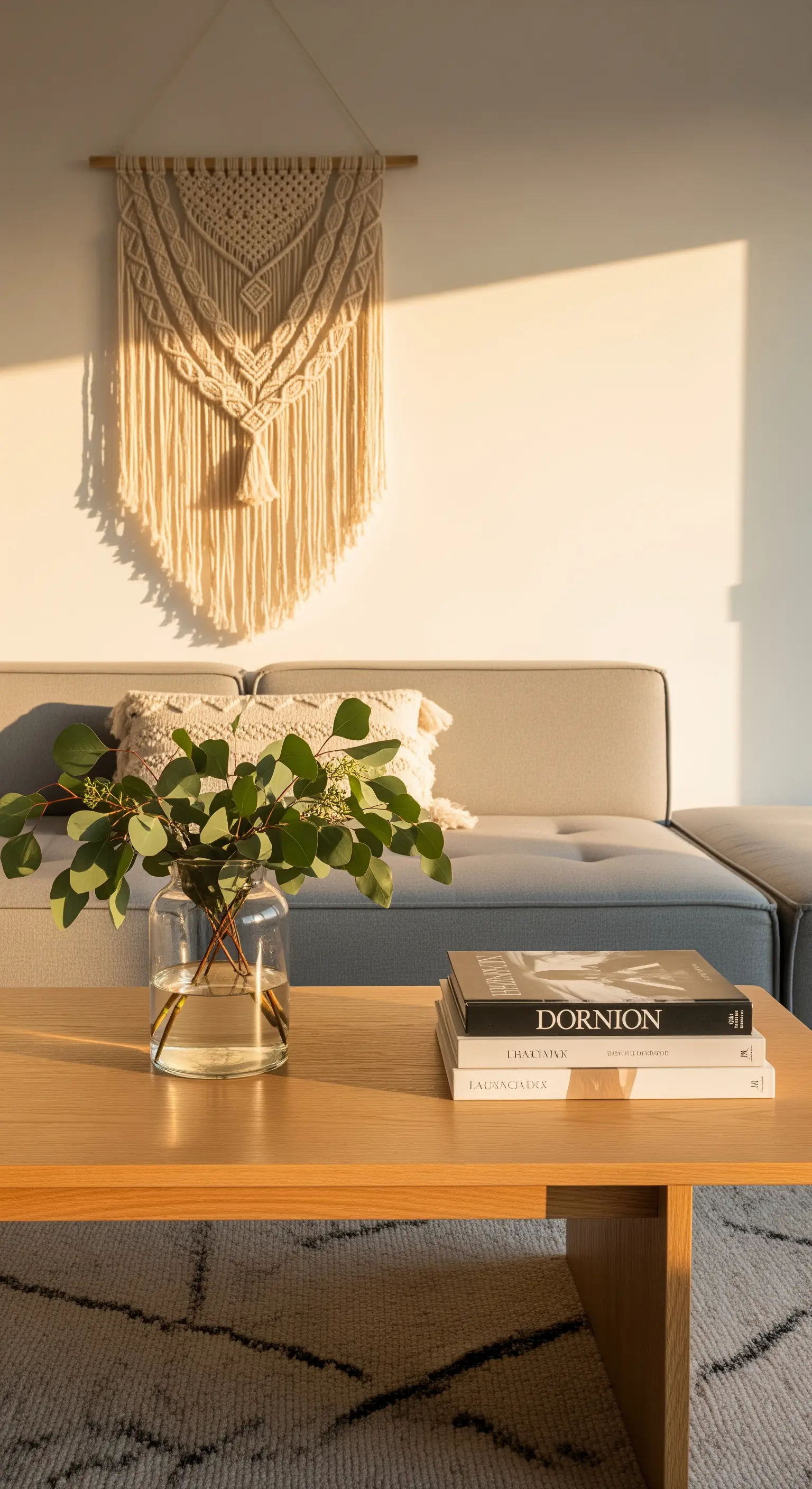 Makramee-Wandbehang, Eukalyptus-Vase und gestapelte Bücher auf Holztisch