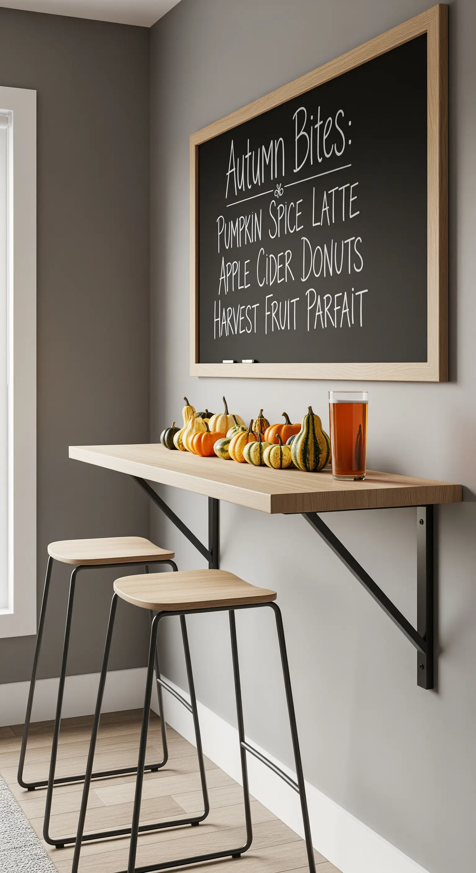 Wand Bartisch mit Kreidetafel-Menü und Zierkürbissen.