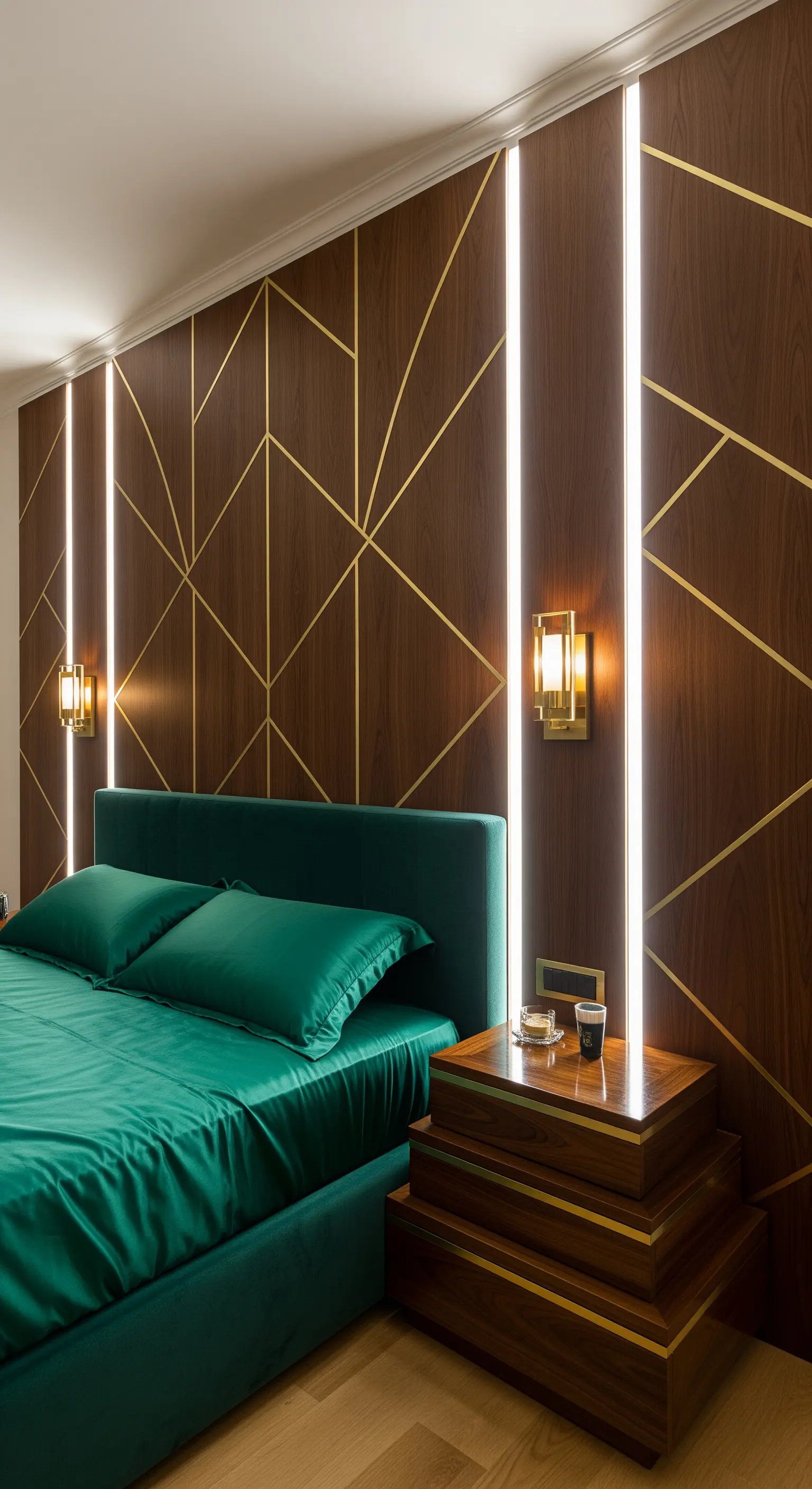 Dunkle Holzwand mit integrierten vertikalen Lichtlinien und goldenen geometrischen Mustern.