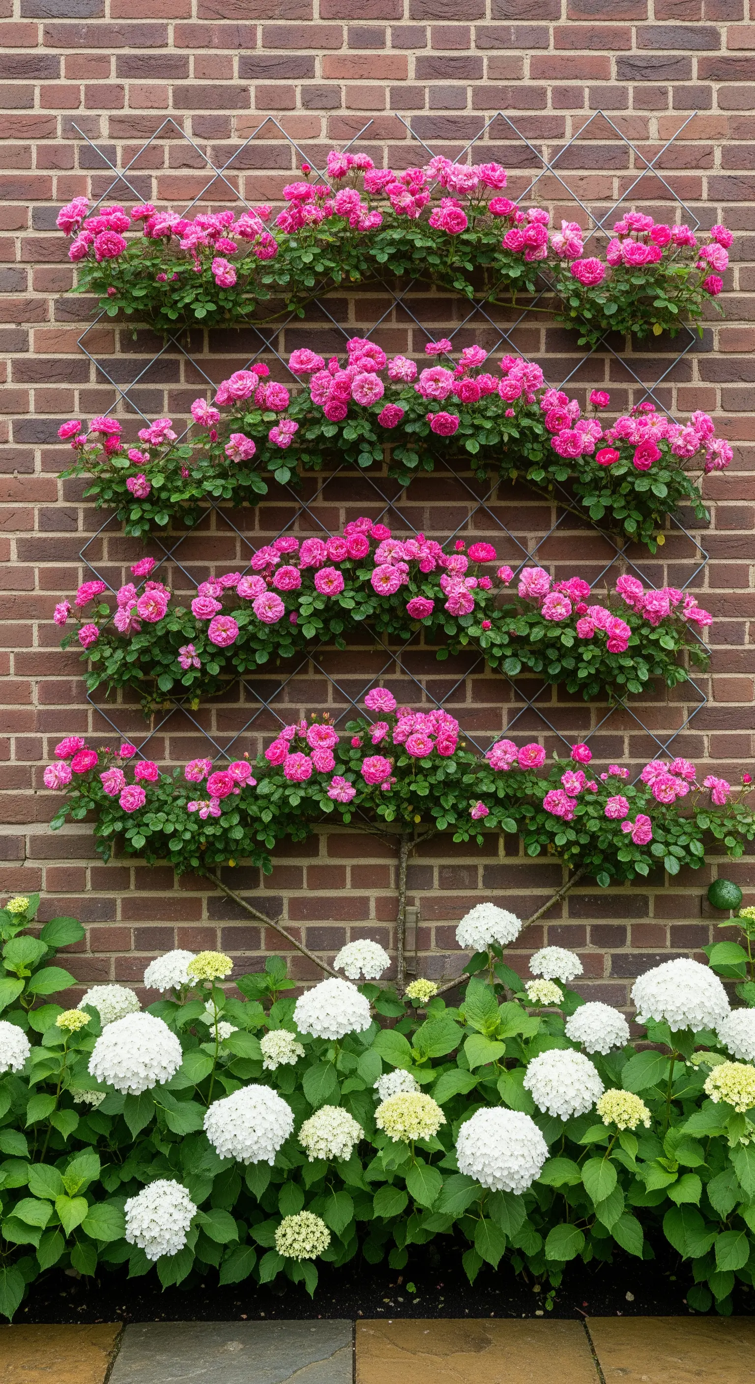 Espalier Rosen, Ziegelwand, Kletterrosen, vertikaler Garten, Hortensien