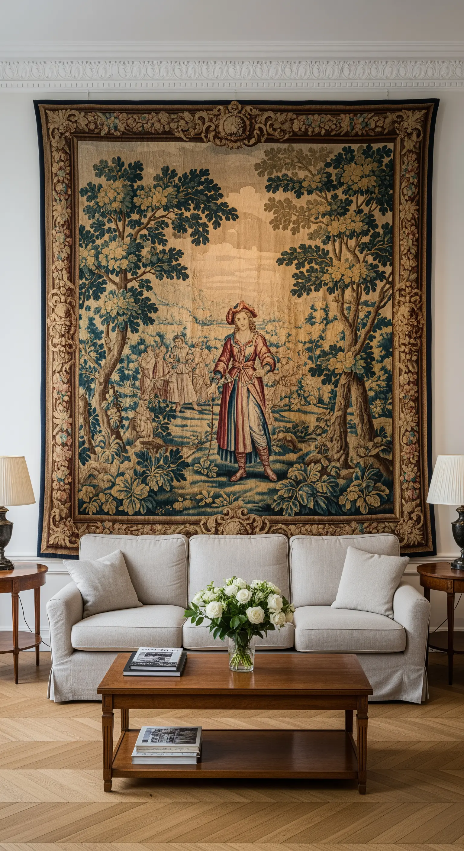 Neutrales Wohnzimmer mit einem großen, antiken Wandteppich als zentrales Kunstwerk an der Wand.