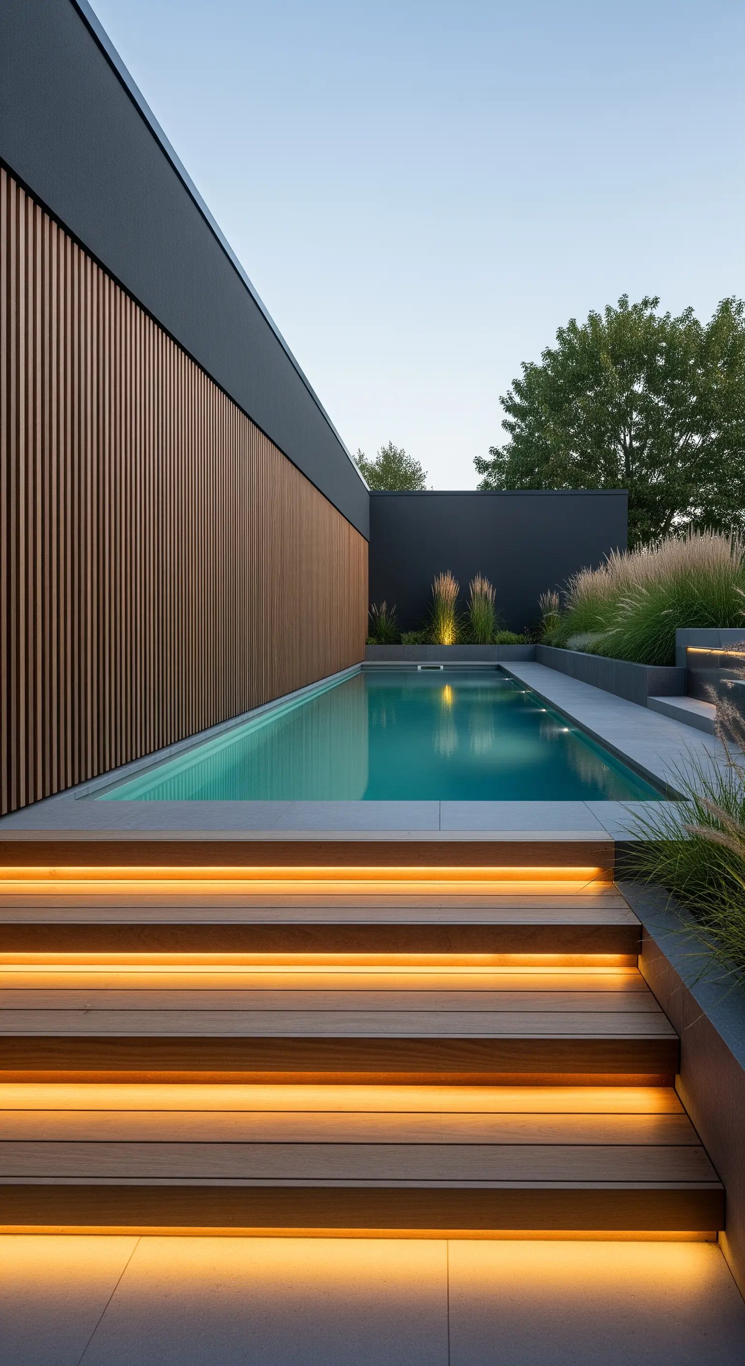Beleuchtete Holztreppe am Pool mit dunkler Wand und Ziergräsern bei Dämmerung