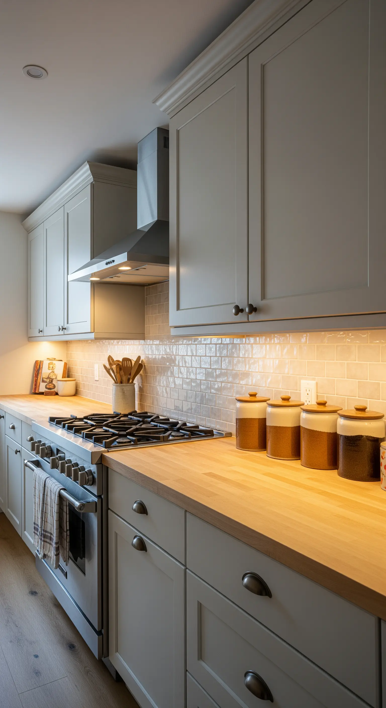 Eine helle Küche mit Holz-Arbeitsplatte, die durch warmweiße Unterbauleuchten stimmungsvoll beleuchtet wird.