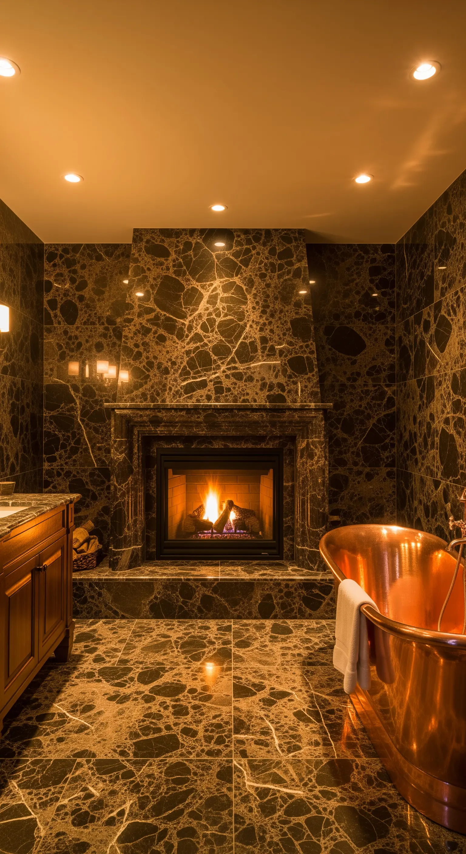 Dunkles Marmorbad mit einem Kamin und einer freistehenden Badewanne aus Kupfer.