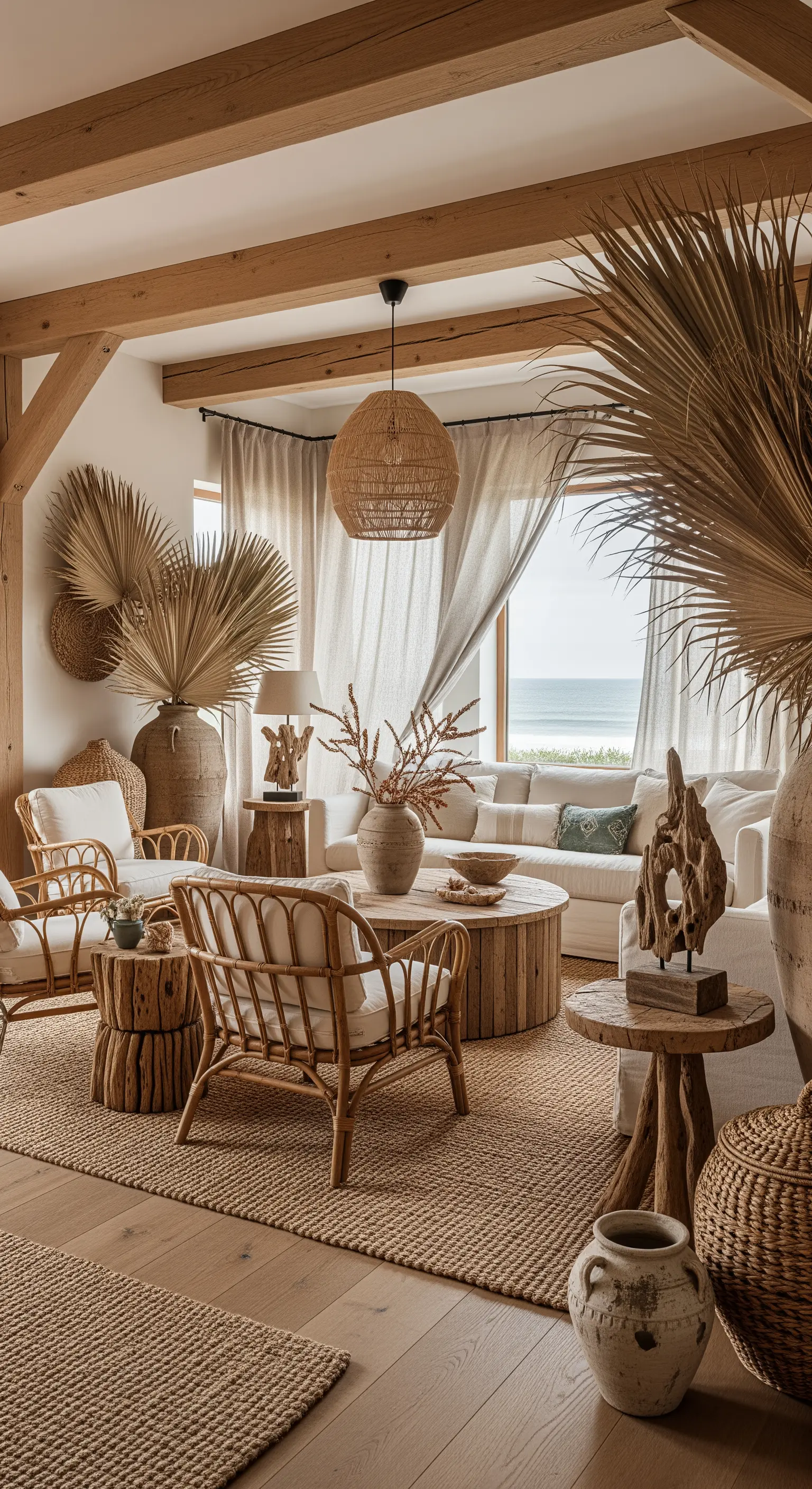 Warmes Boho-Wohnzimmer mit Rattan, getrockneten Palmenblättern und Treibholzskulpturen.