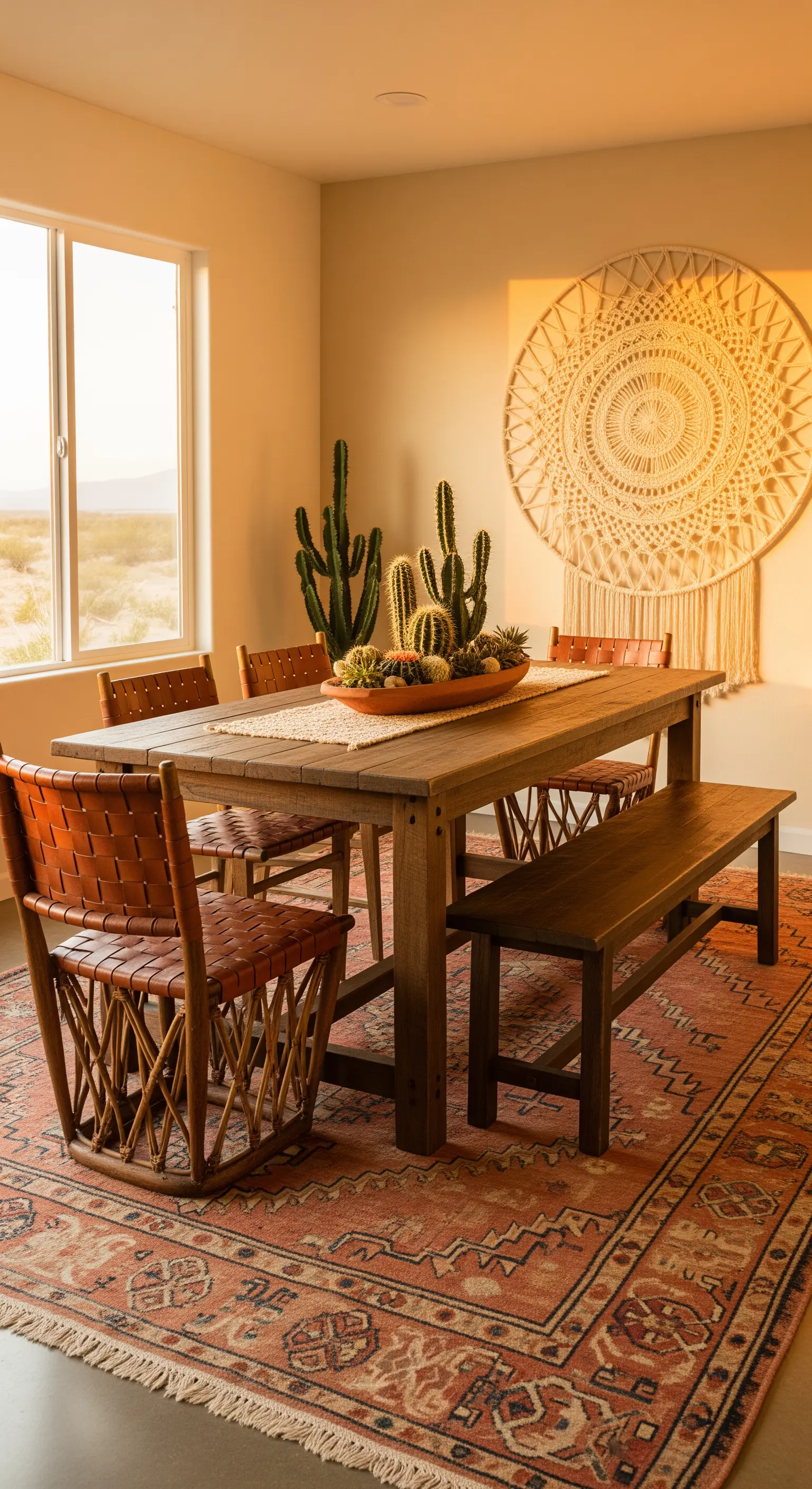 Boho-Esszimmer im Wüsten-Stil mit Lederstühlen, Kakteen und Makramee.