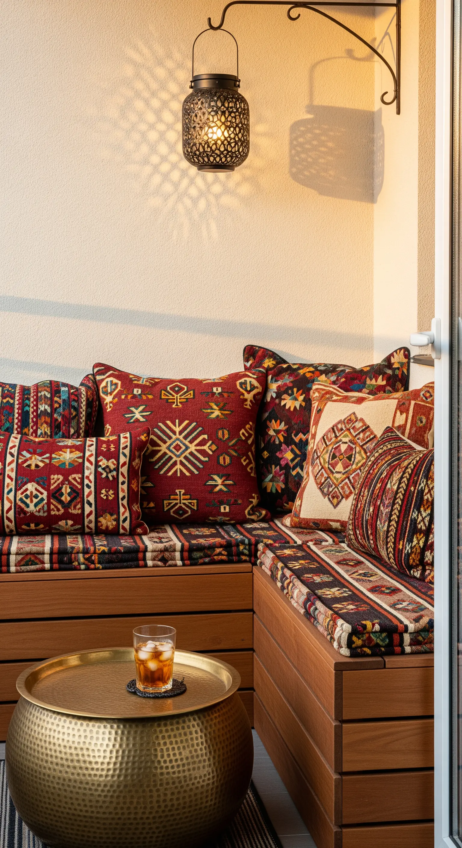 Balkon-Sitzecke mit vielen Kissen mit roten Kelim-Mustern und einem Messing-Tisch.