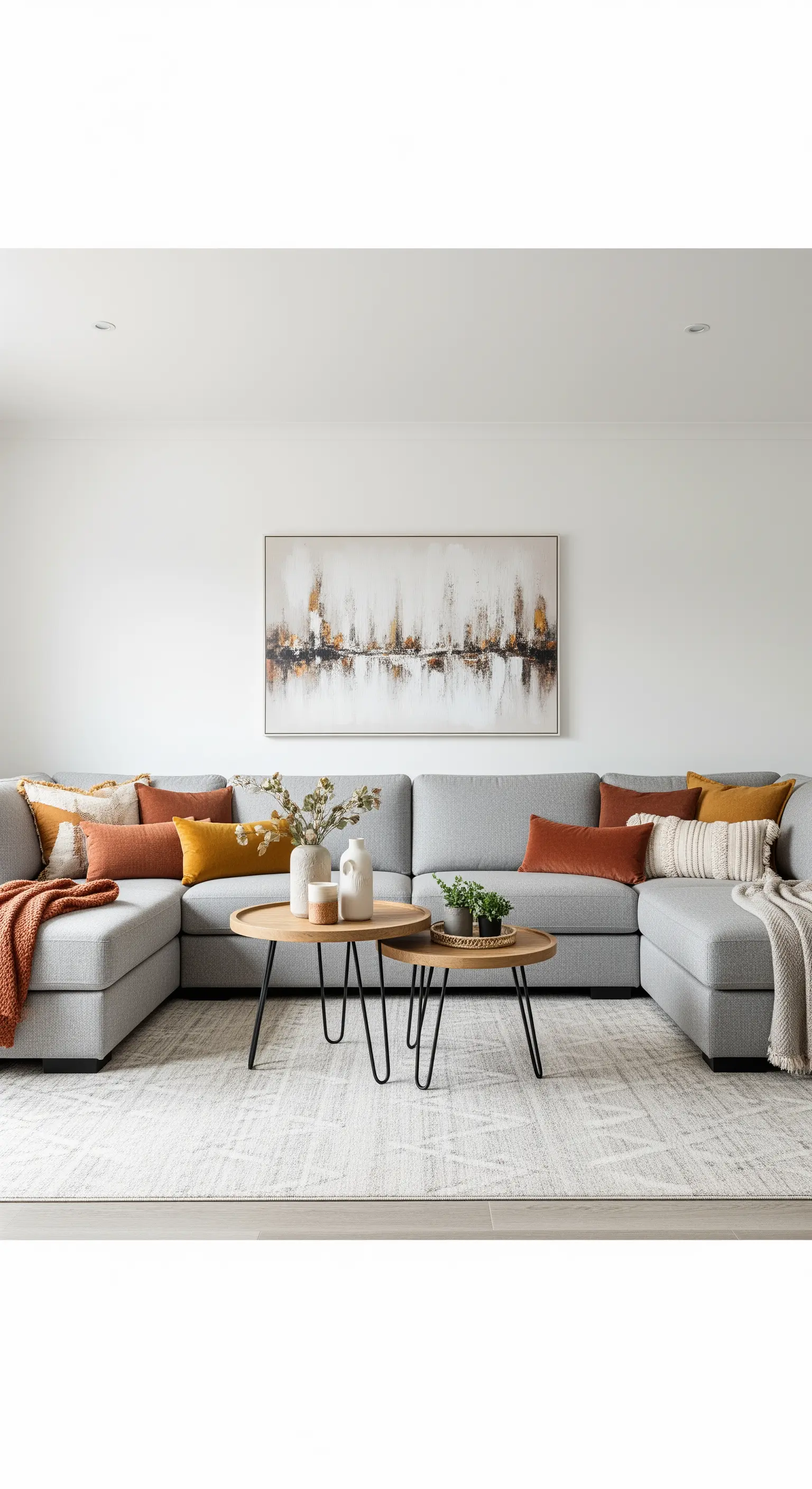 Graues Ecksofa mit Kissen in warmen Herbstfarben wie Rostrot und Senfgelb.