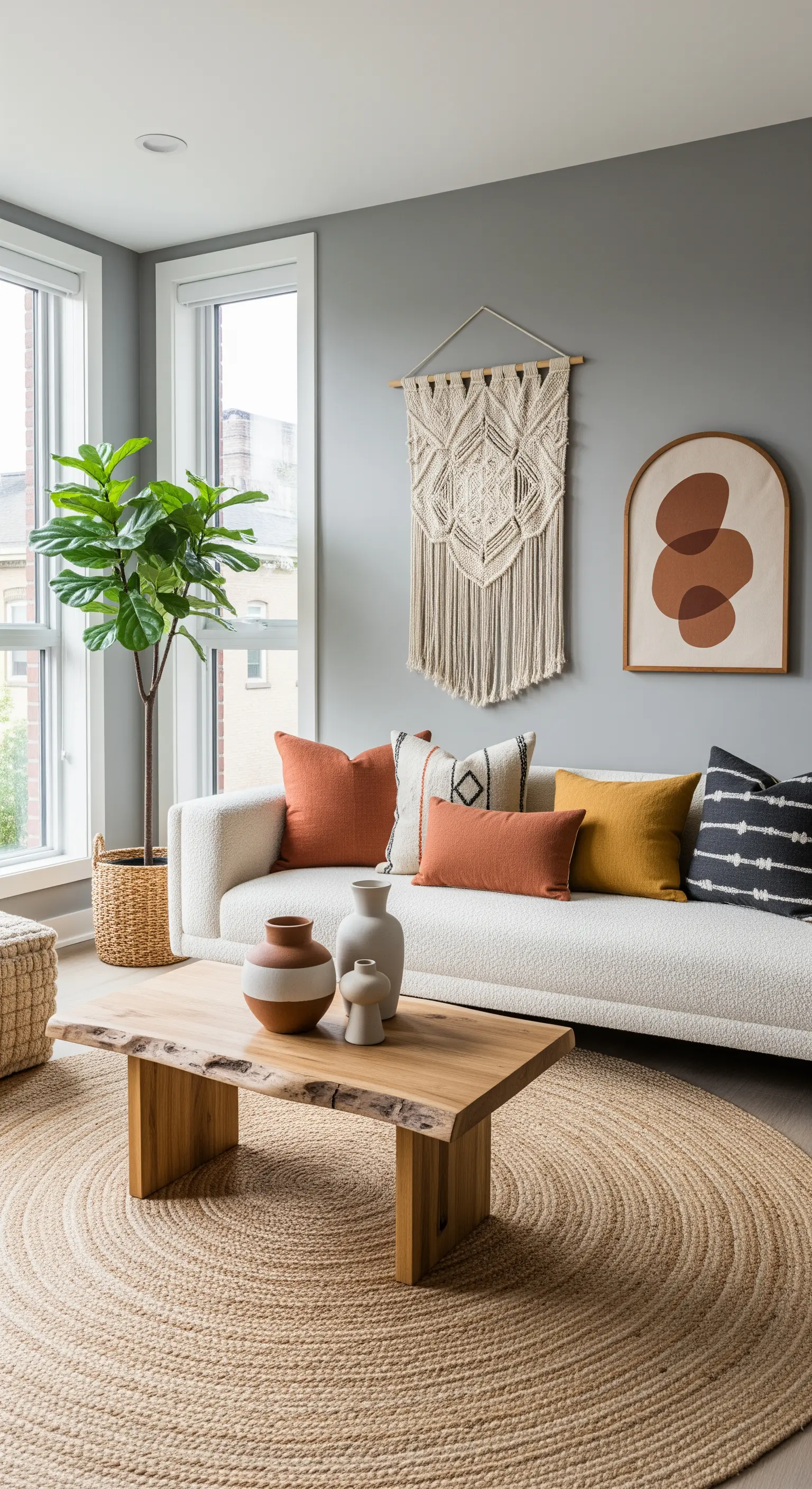 Boho-Wohnzimmer mit Jute-Teppich und Kissen in warmen Erdtönen vor grauer Wand.