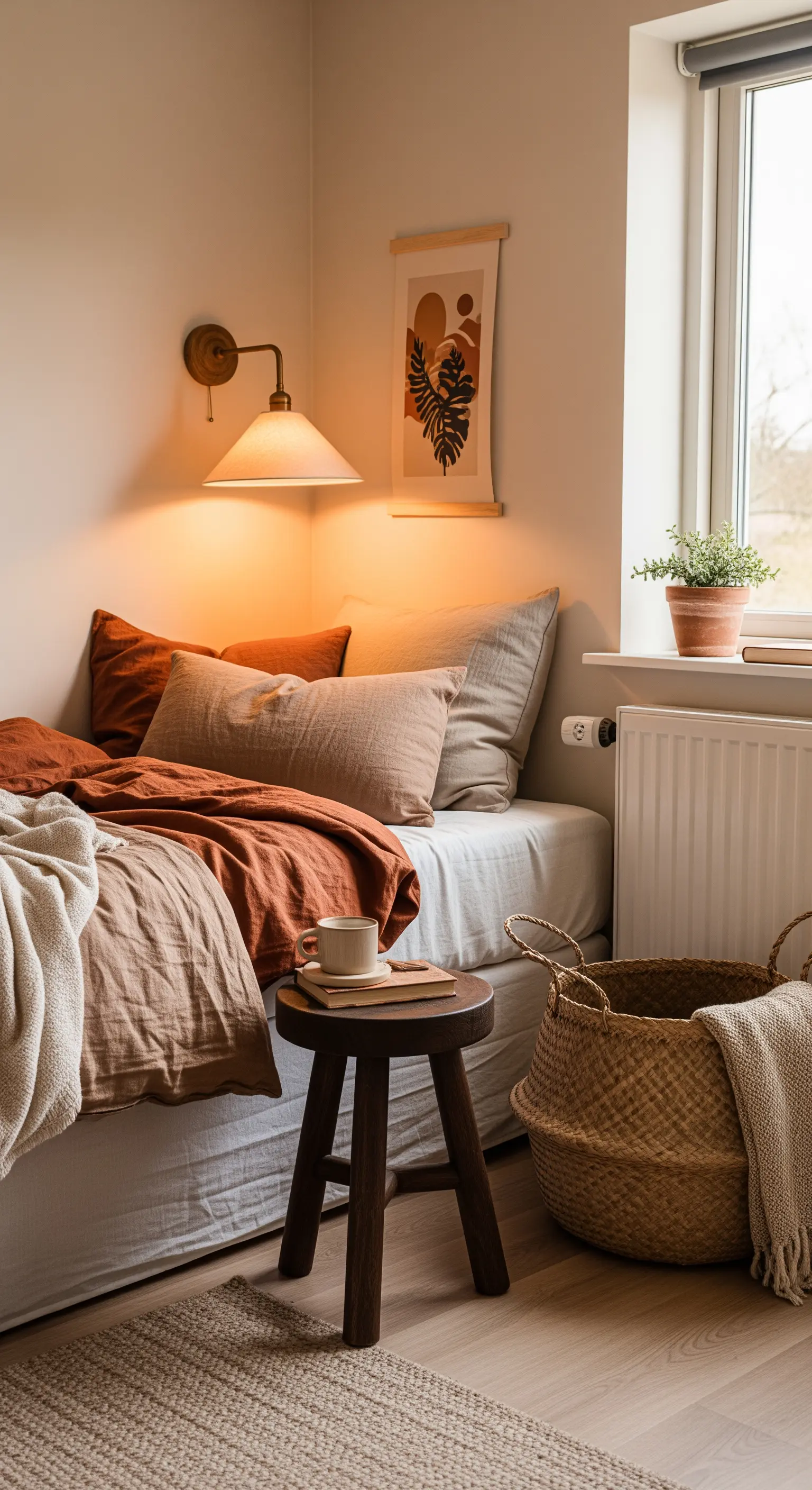 Gemütliche Bettecke mit Kissen und Decken in Terrakotta- und Beigetönen und einer warmen Wandleuchte.