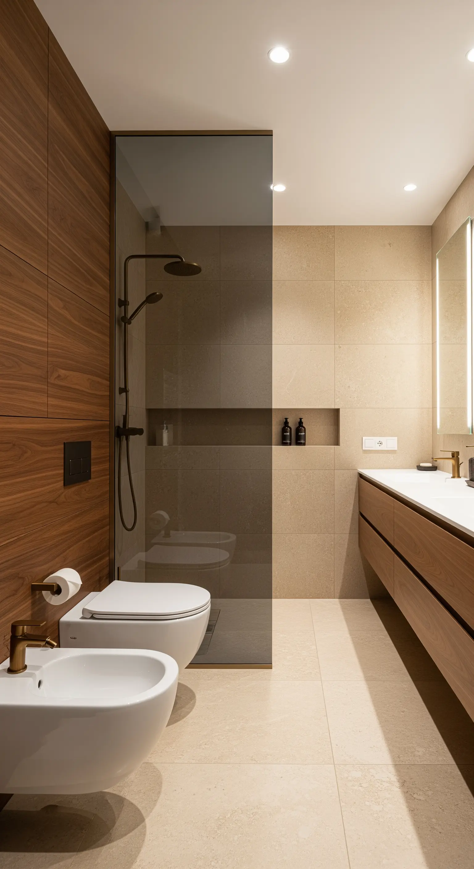 Modernes Bad mit Holzwand, beigen Fliesen und einer Duschwand aus getöntem Glas