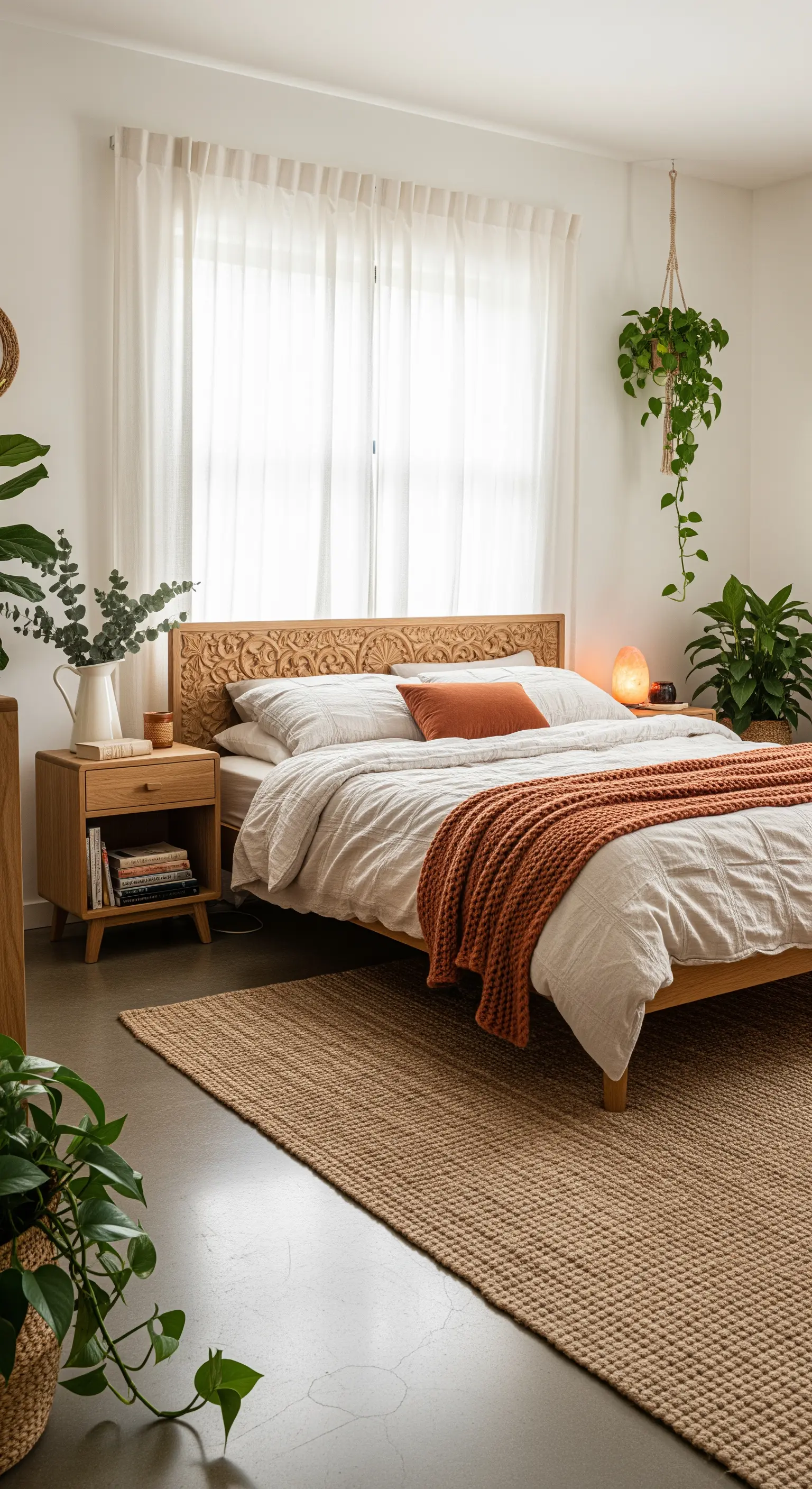 Boho-Schlafzimmer mit geschnitztem Holzbett, Jute-Teppich und Terrakotta-Akzenten