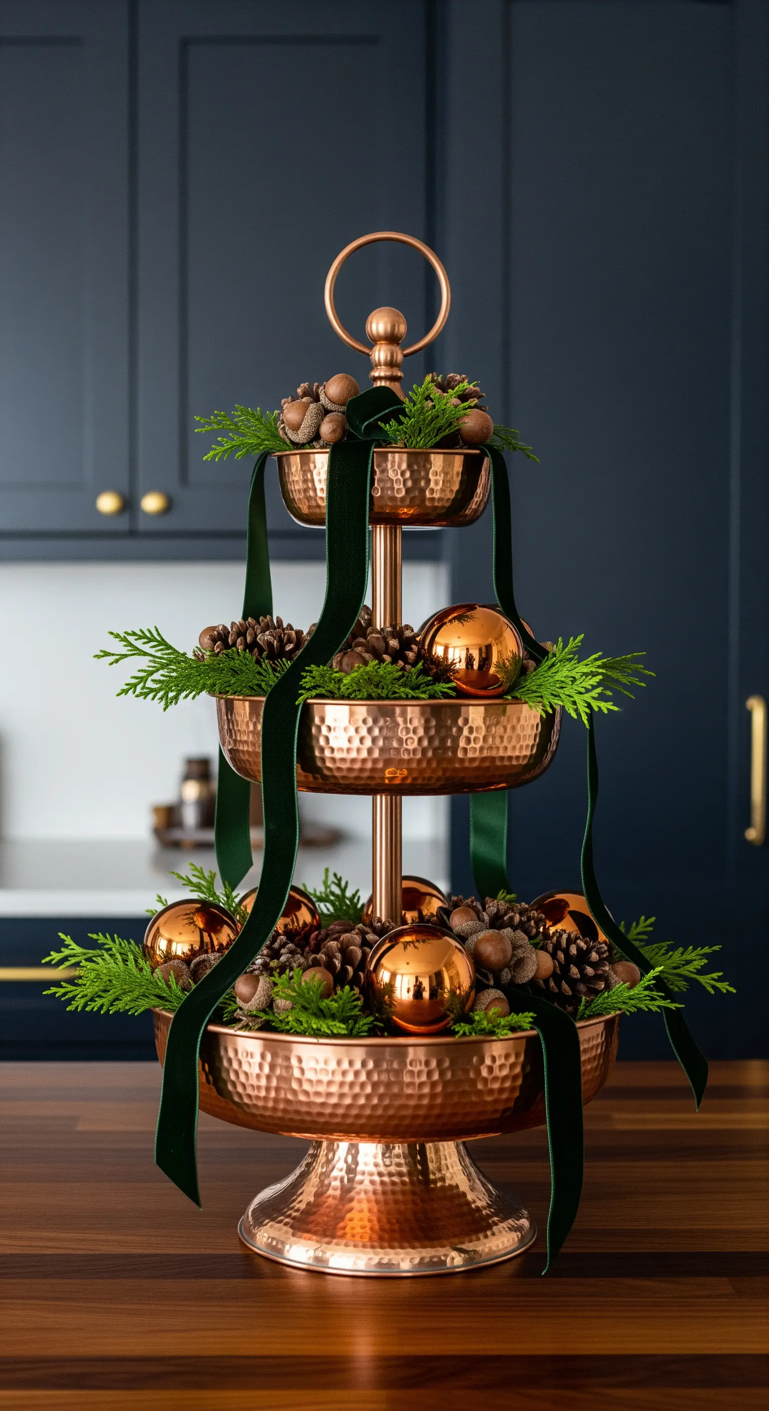 Gehämmerte Kupfer-Etagere mit Samtband, Kupferkugeln, Zapfen und Zedernzweigen.